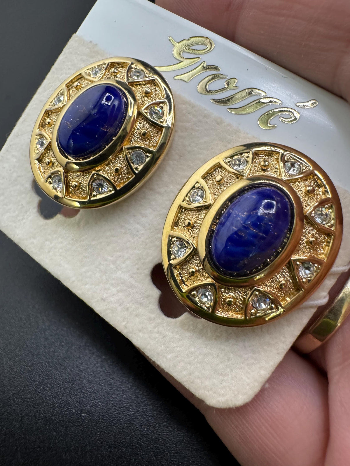 Vintage Clip Earrings, Grosse Oval Blue Lapis Cabochon, Rhinestones