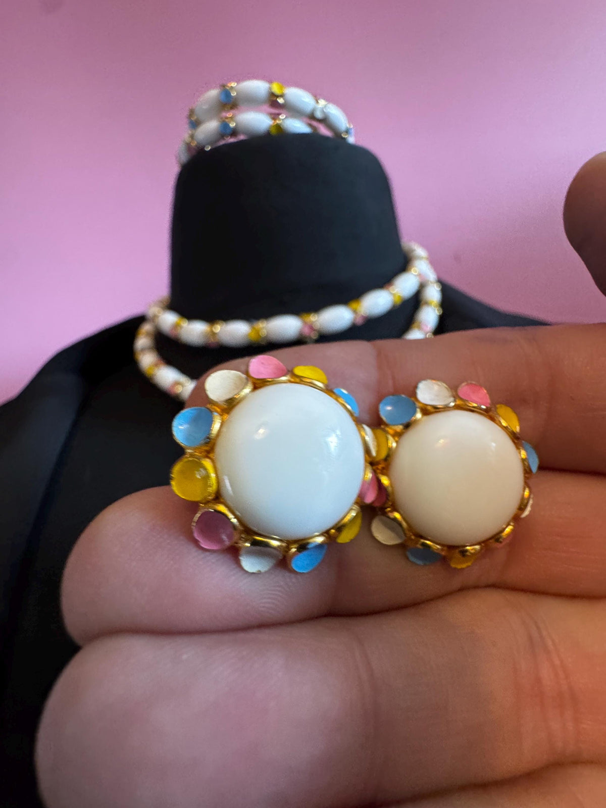 Signed Trifari Parure, Milk Glass Pastel Necklace, Bracelet Set