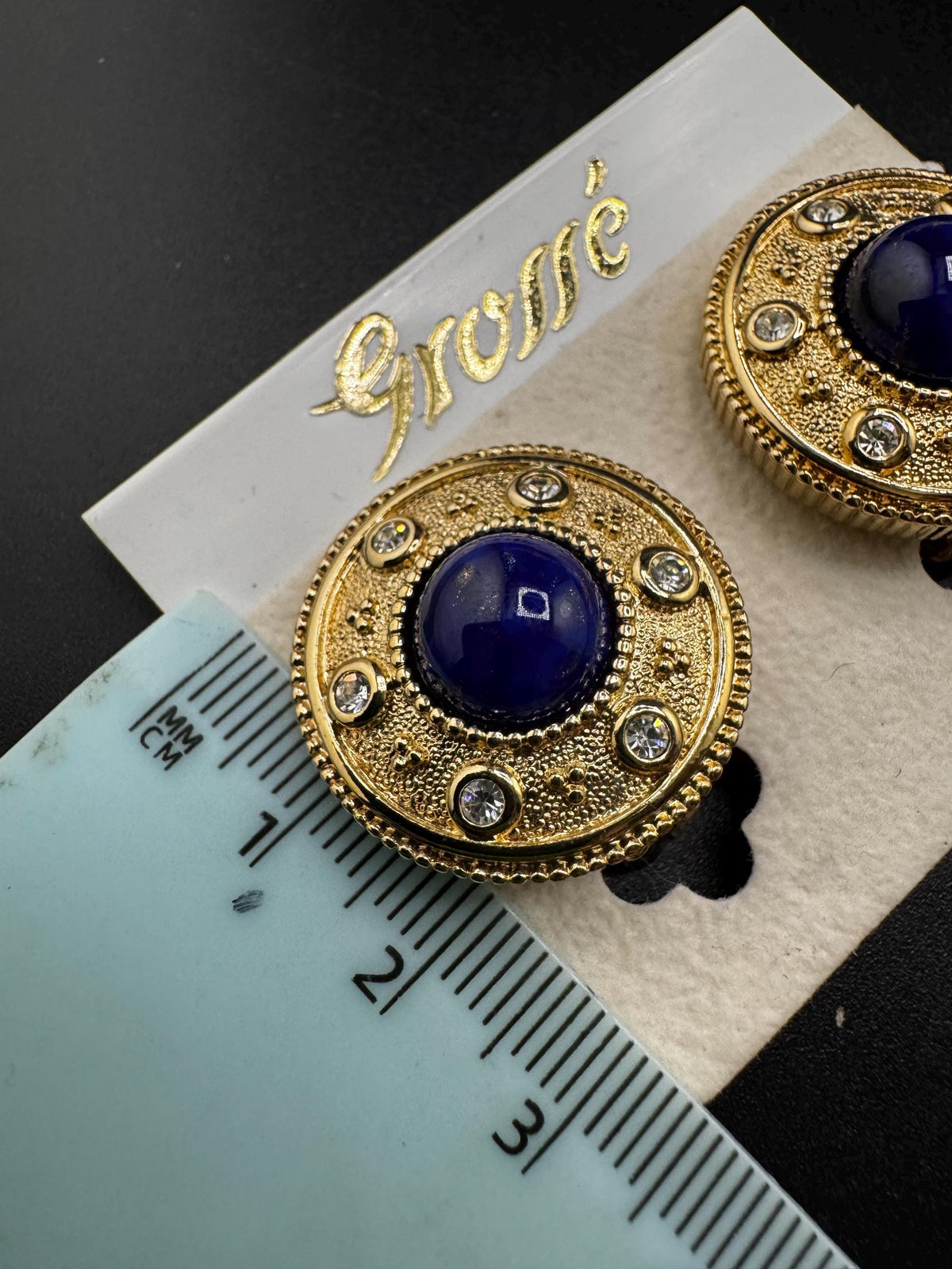 Grosse Clip On Earrings, Faux Blue Lapis, Rhinestones, Gold Plated