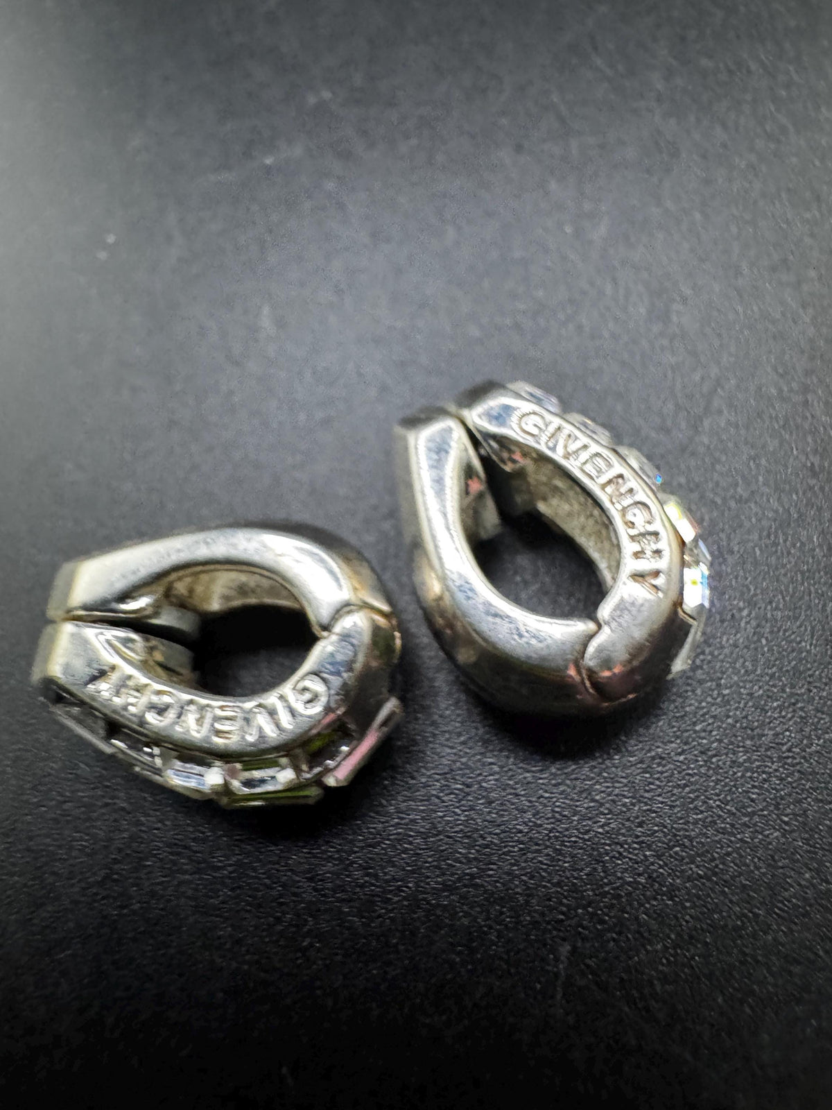 Vintage Givenchy Earrings, Hoop Clip-Ons, Crystal, Silver-Plated
