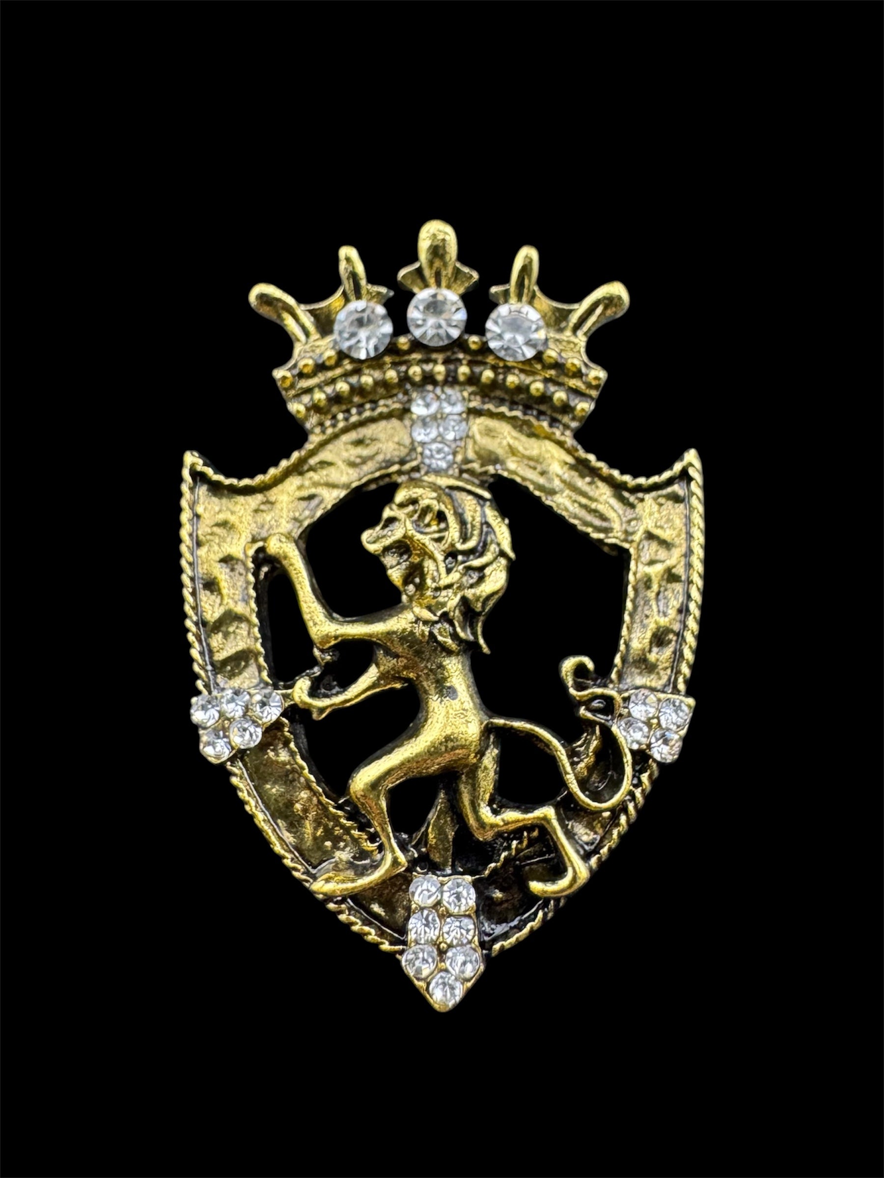 Crystal rampant lion shield brooch, antique gold tone