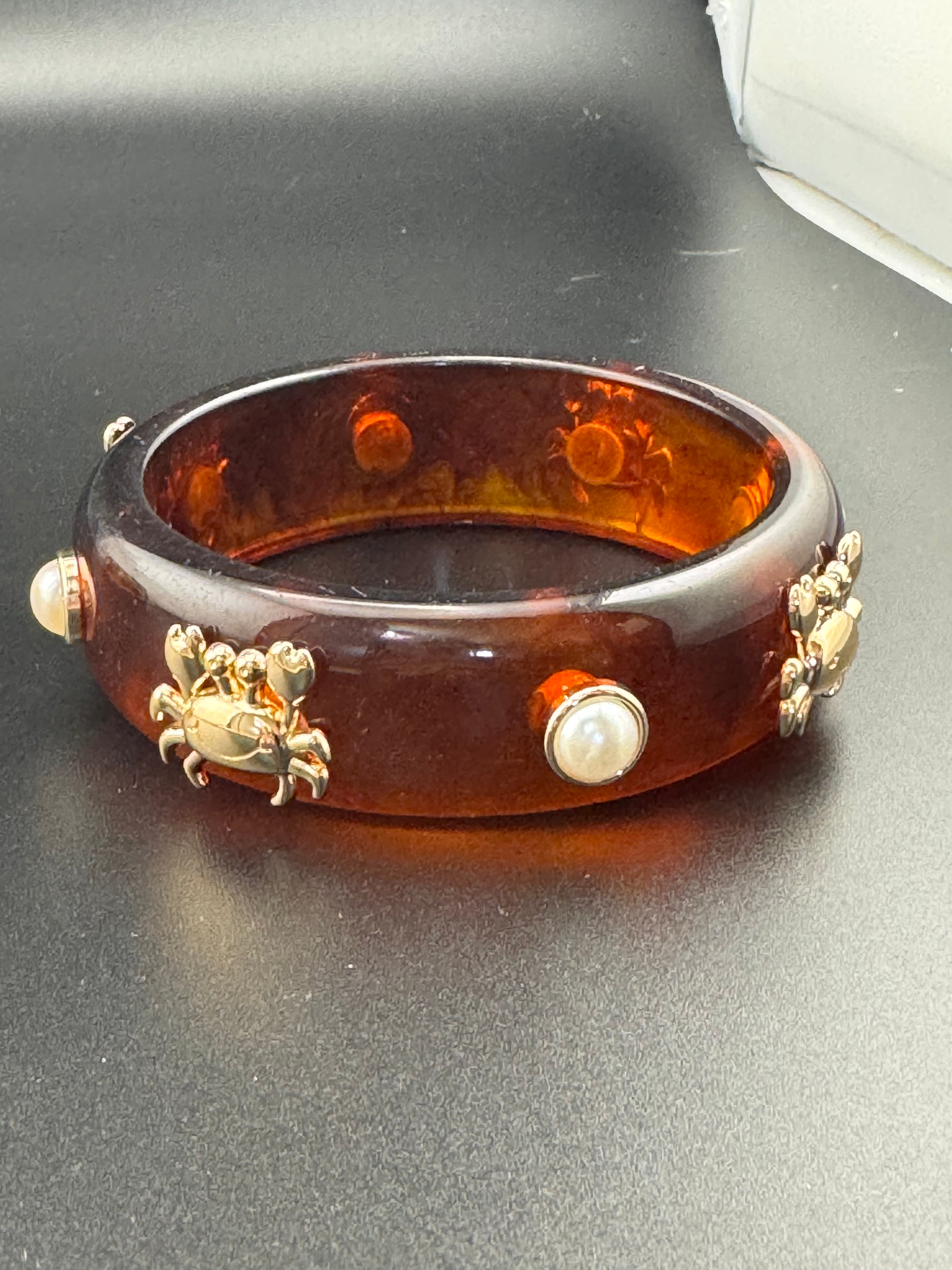 Nautical gold crab faux tortoiseshell wide brown acrylic pearl plastic bangle bracelet