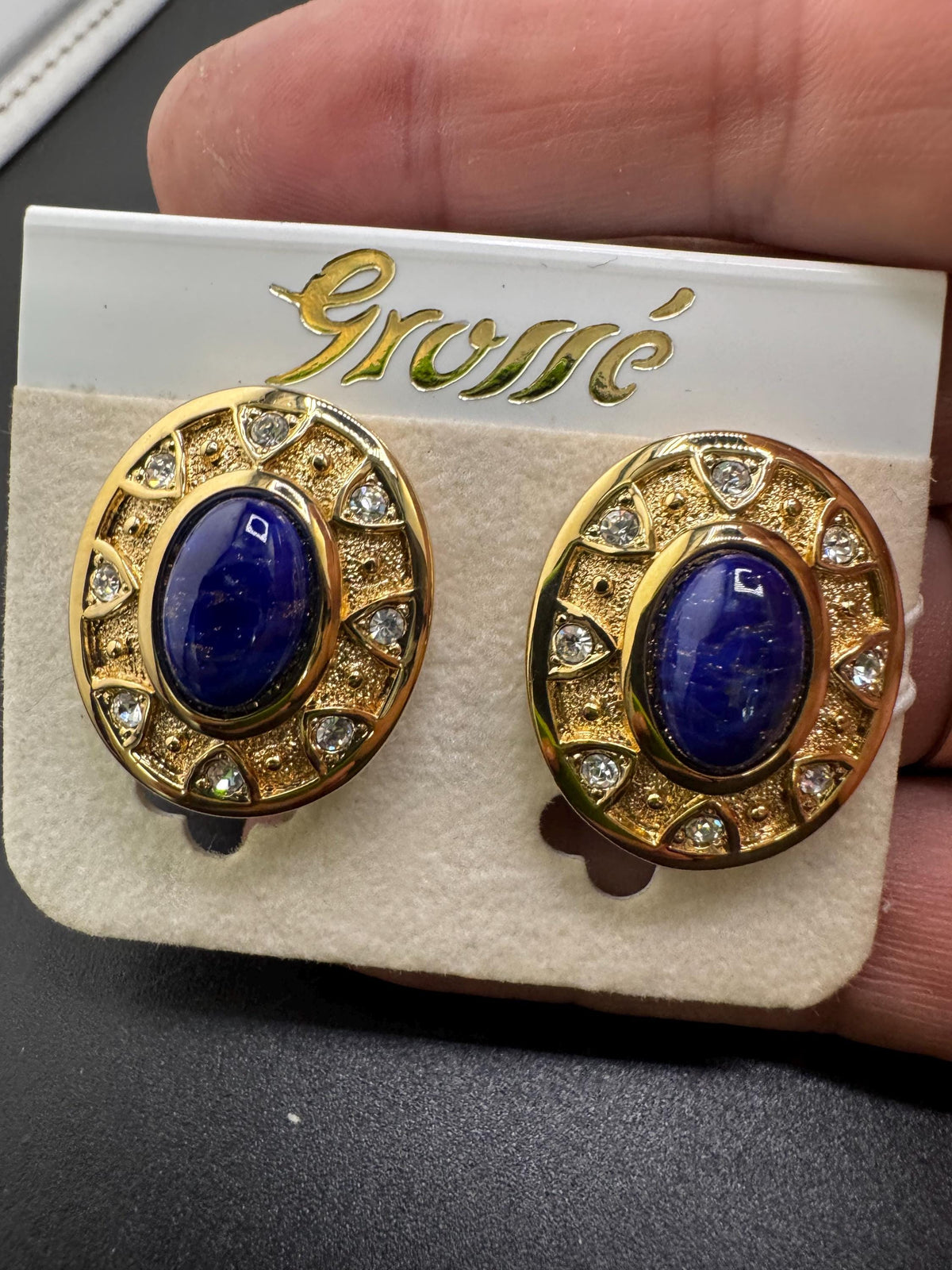 Vintage Clip Earrings, Grosse Oval Blue Lapis Cabochon, Rhinestones