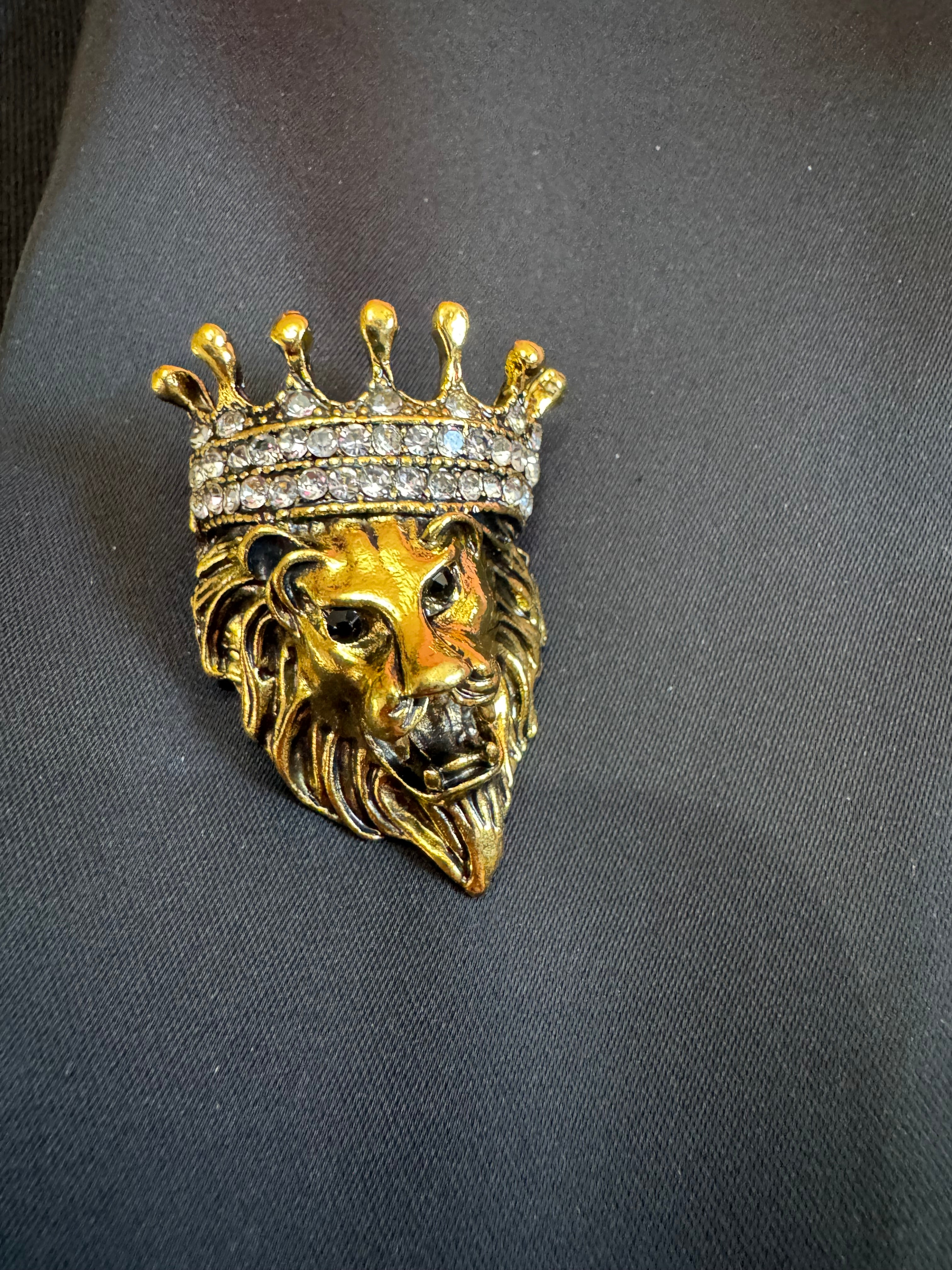 Crystal royal crown gold lion brooch, antique gold tone