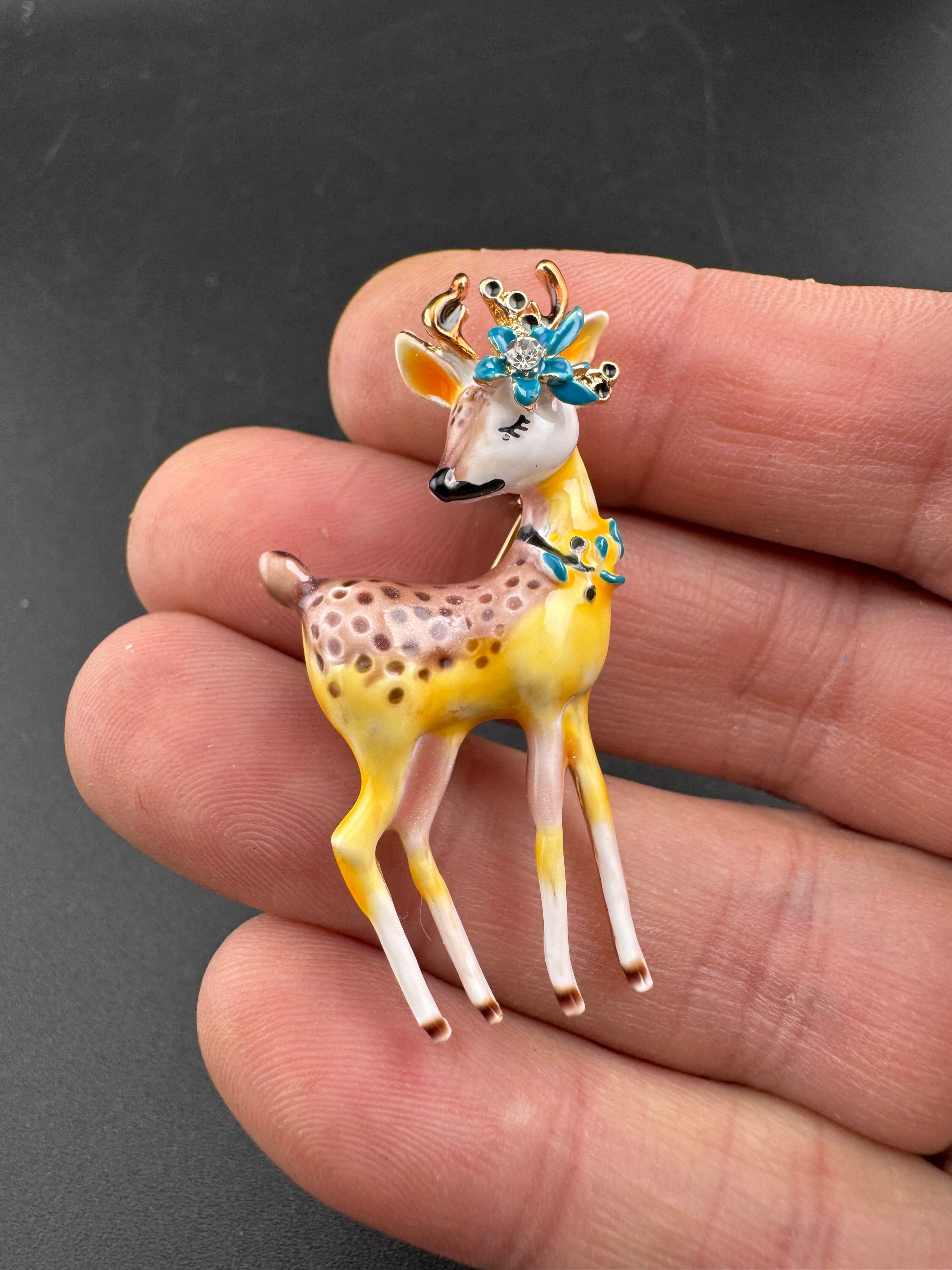 Cute Enamel deer Fawn Christmas brooch , woodland animal