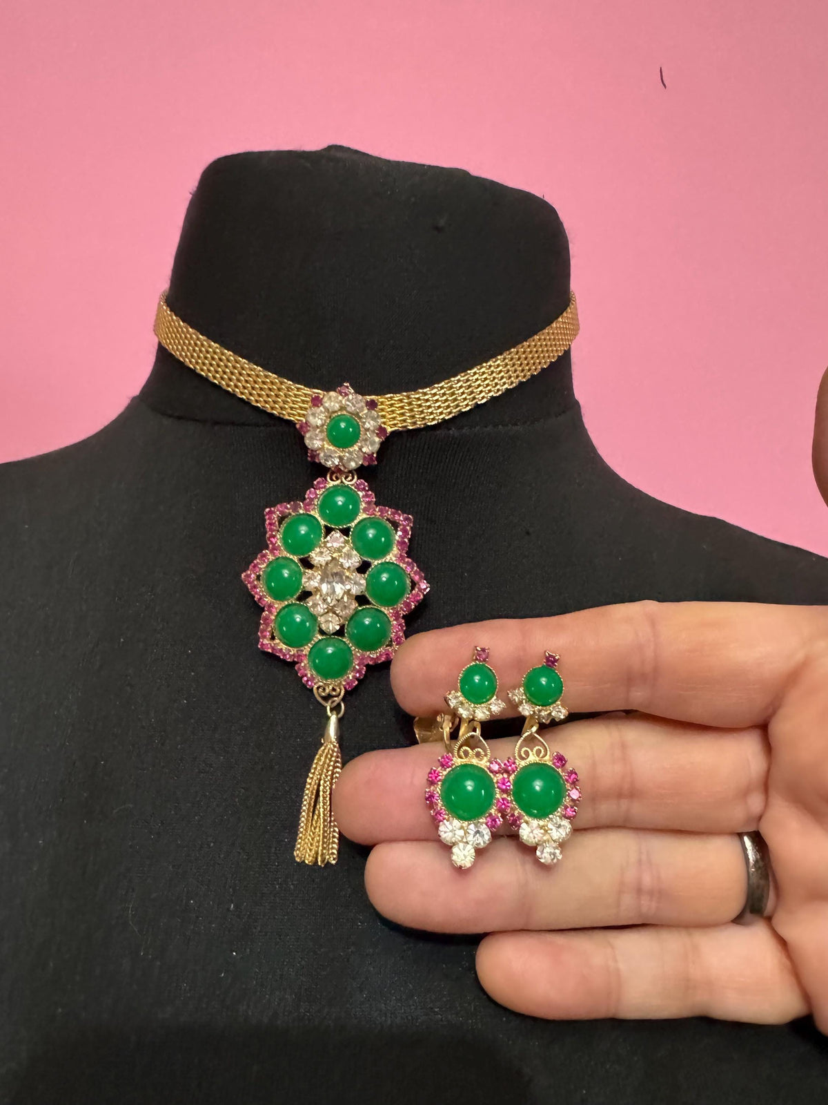 Vintage Juliana Jewelry Set, Pink Rhinestone, Green Cabochon, Gold Mesh