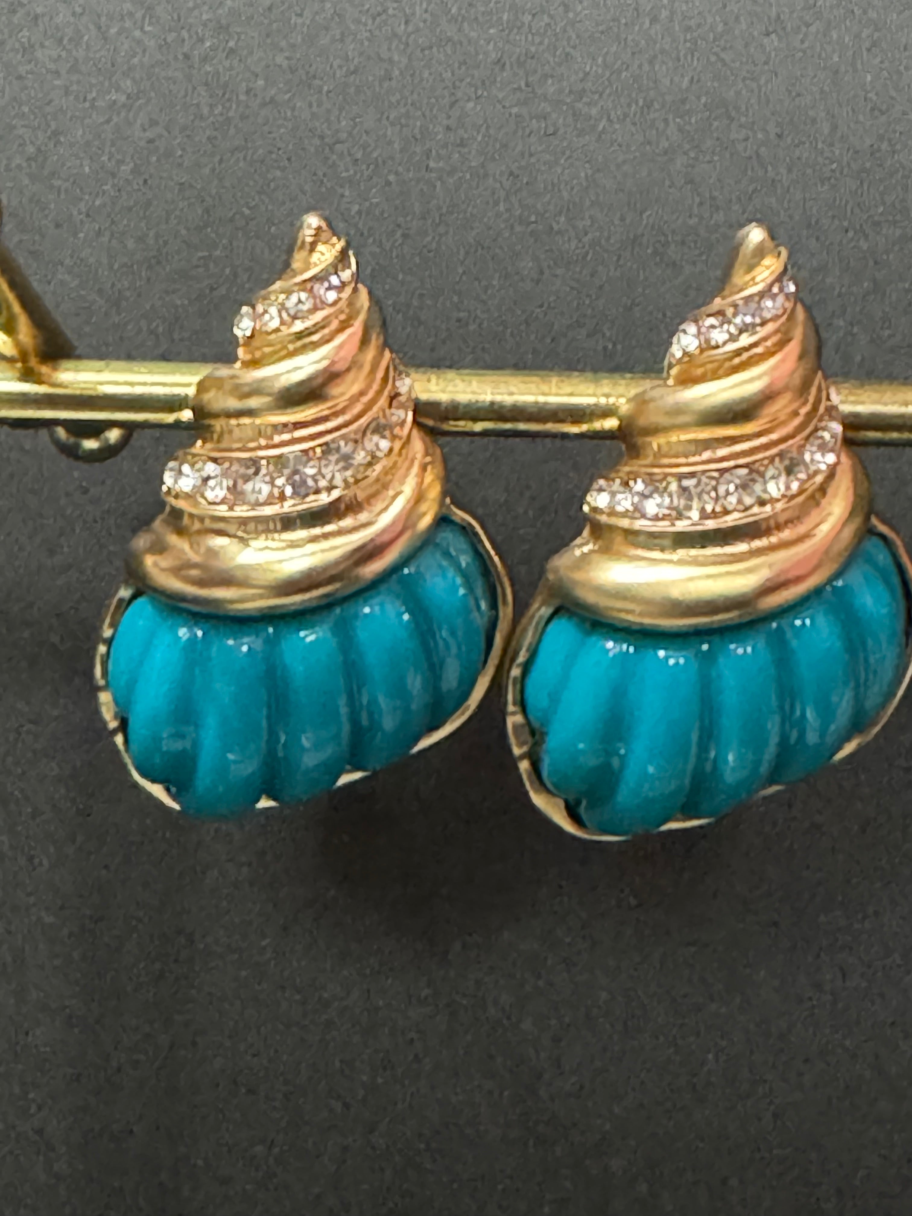 Oversized XL turquoise blue and gold seashell conch crystal earrings