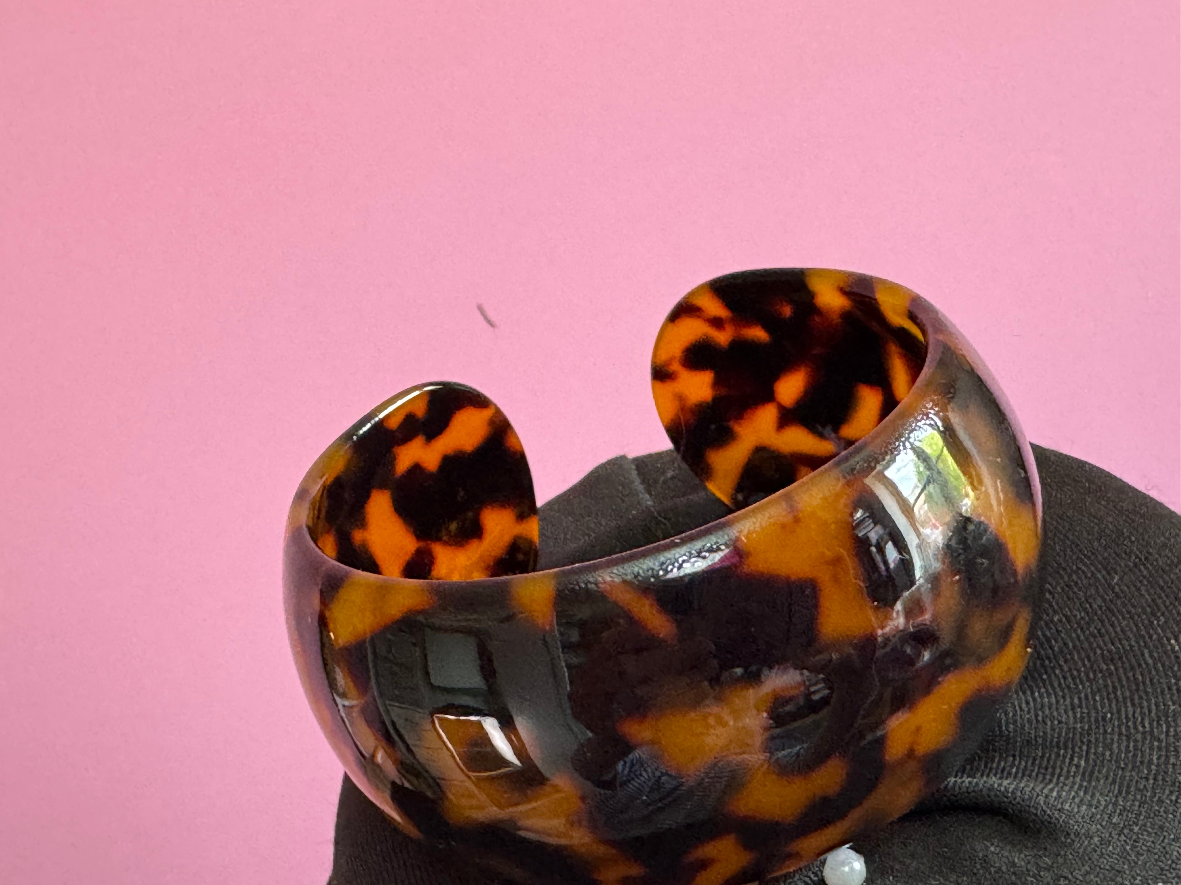 Wide acrylic brown faux tortoiseshell open cuff bangle bracelet