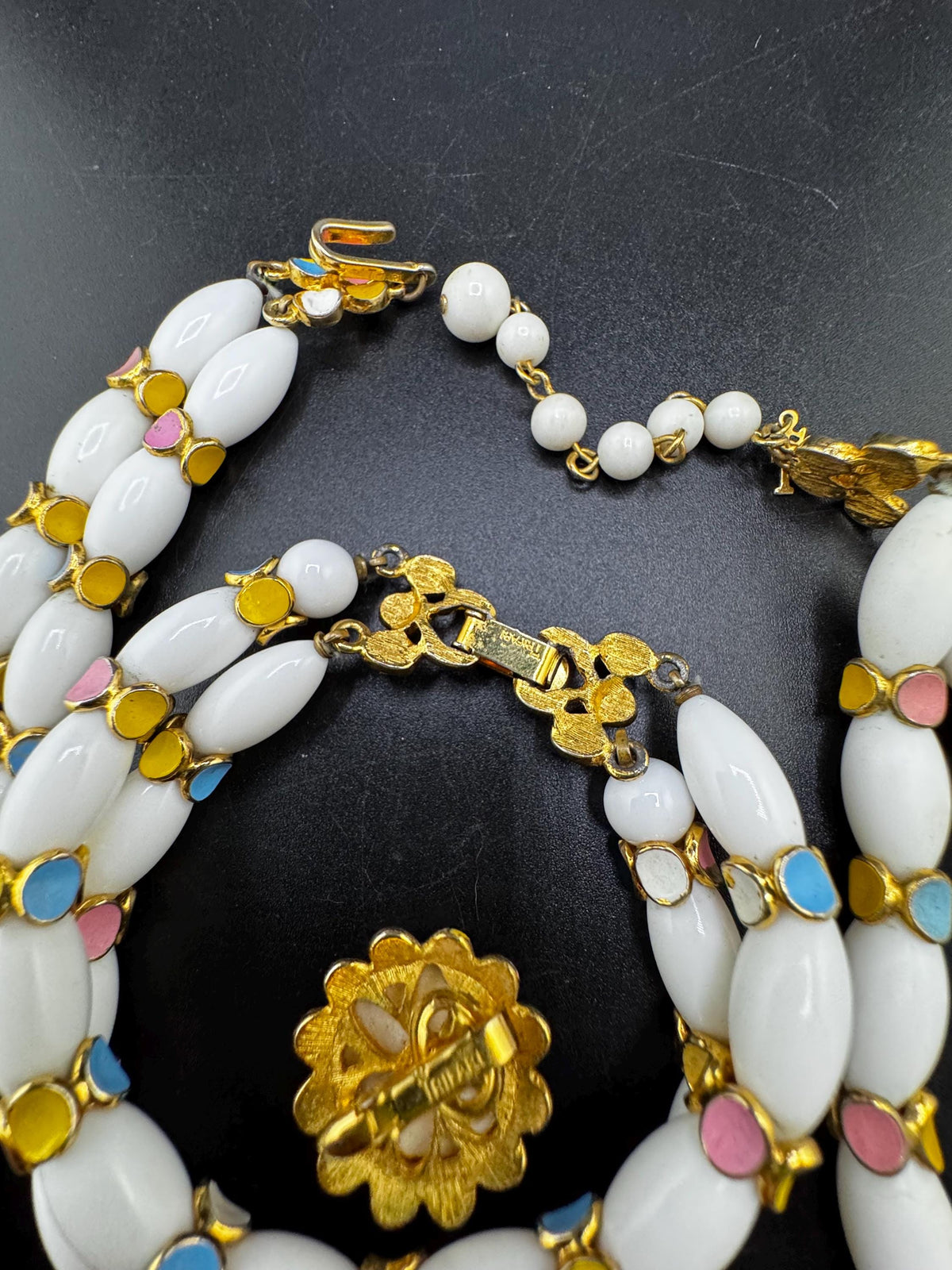 Signed Trifari Parure, Milk Glass Pastel Necklace, Bracelet Set