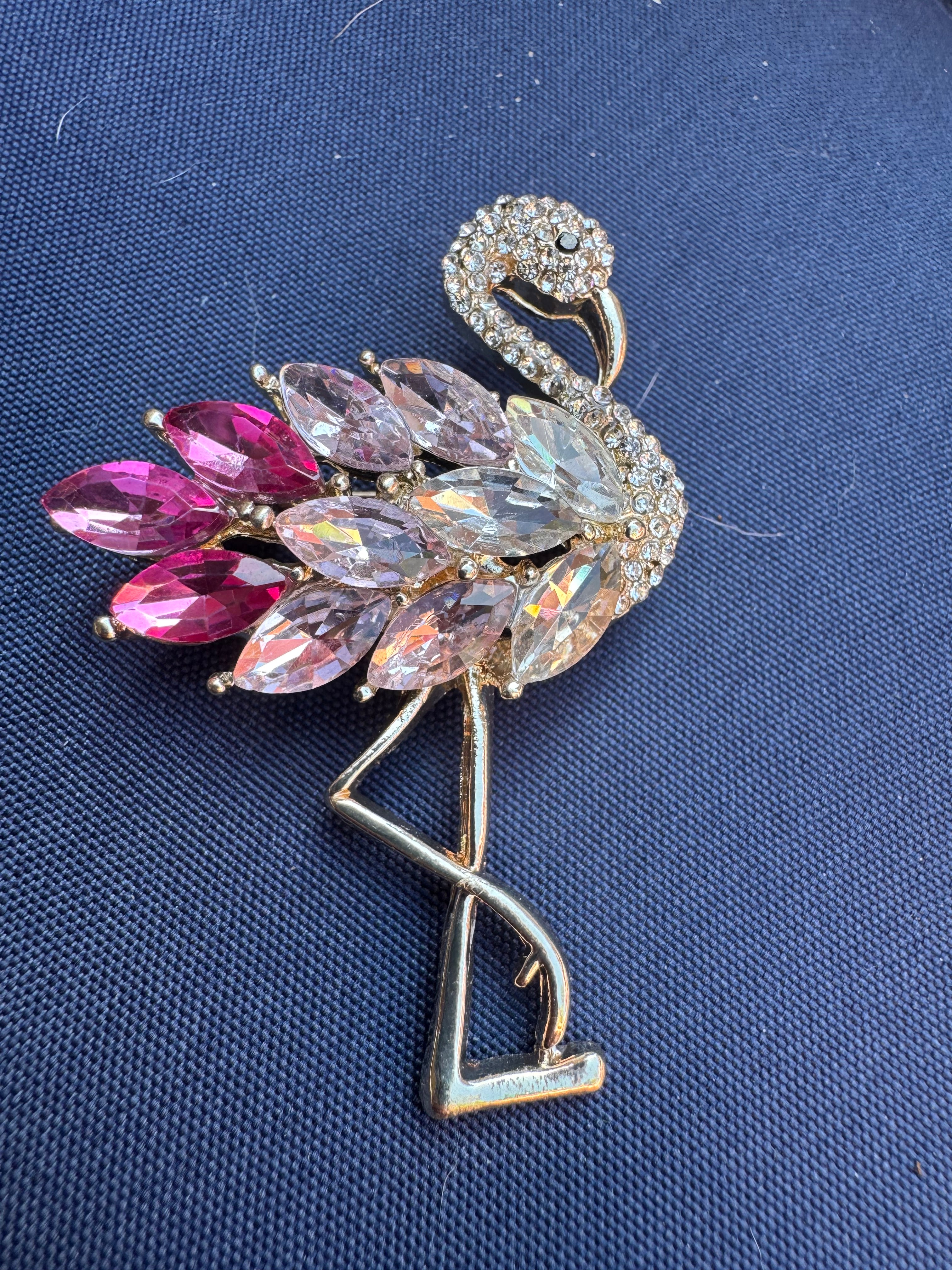 Pink crystal flamingo brooch , silver tone