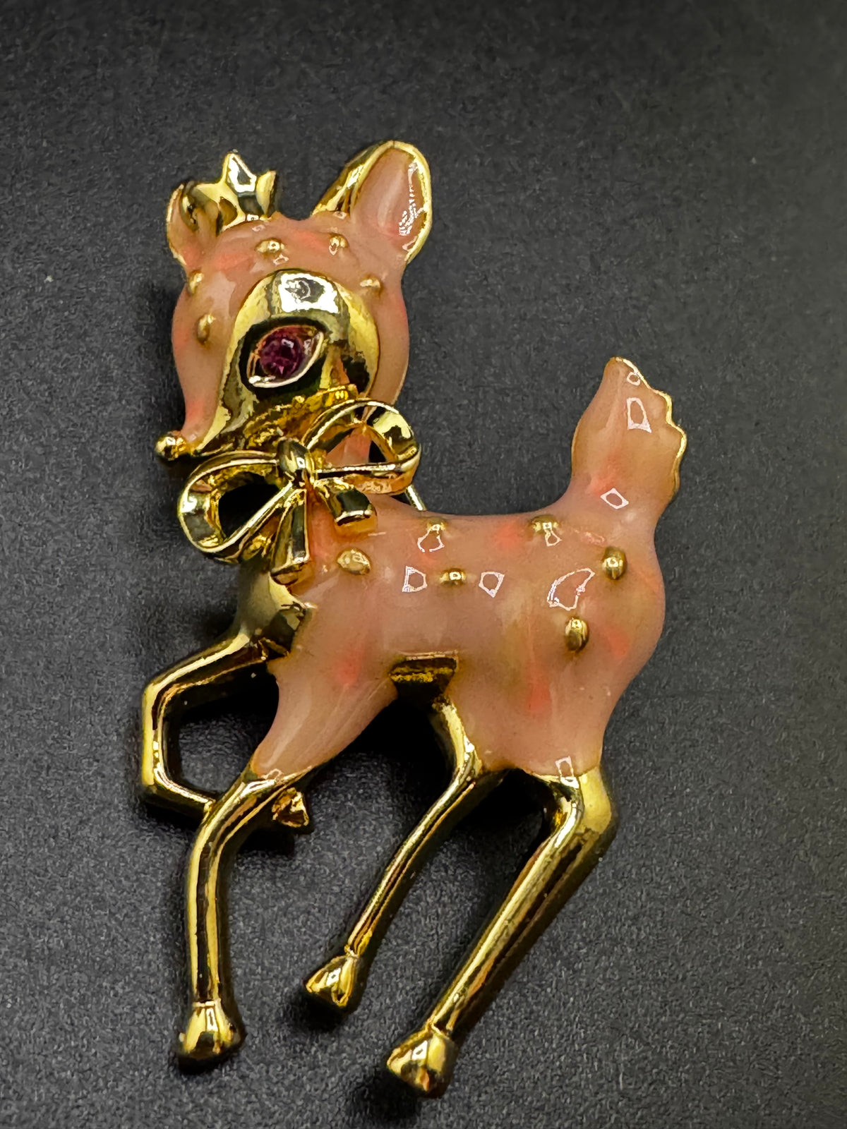 Pink enamel christmas reindeer brooch, gold tone , festive jewellery