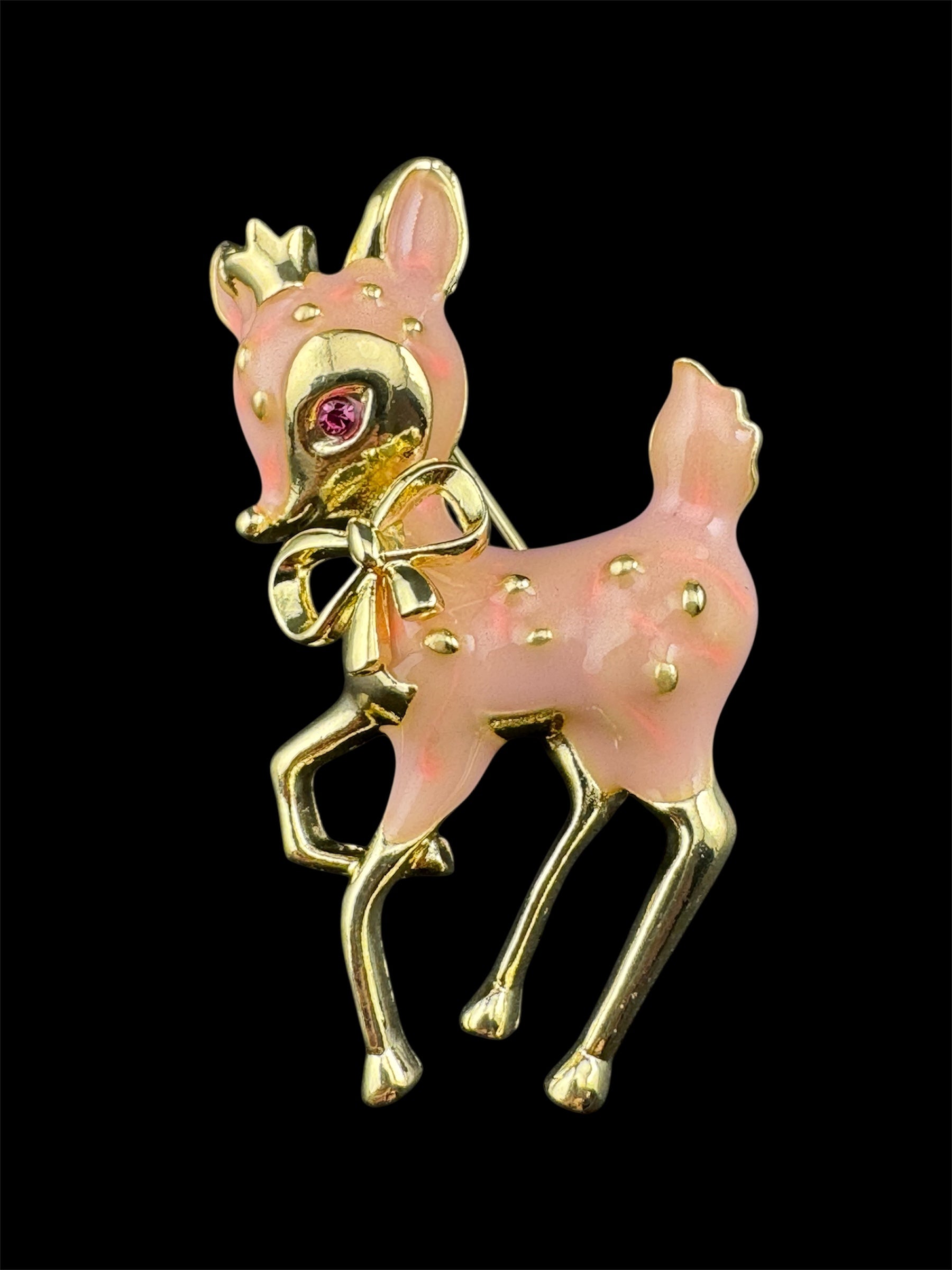 Cute pink Enamel deer Fawn Christmas brooch , woodland animal