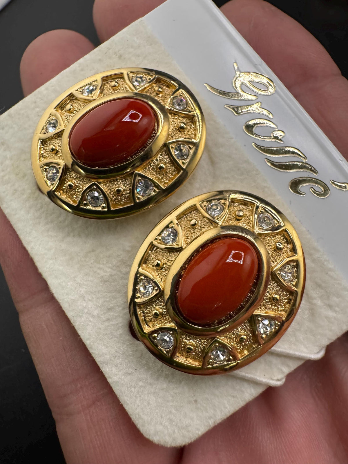 Vintage Grosse Earrings, Terracotta Cabochon, Clip On Gold Finish