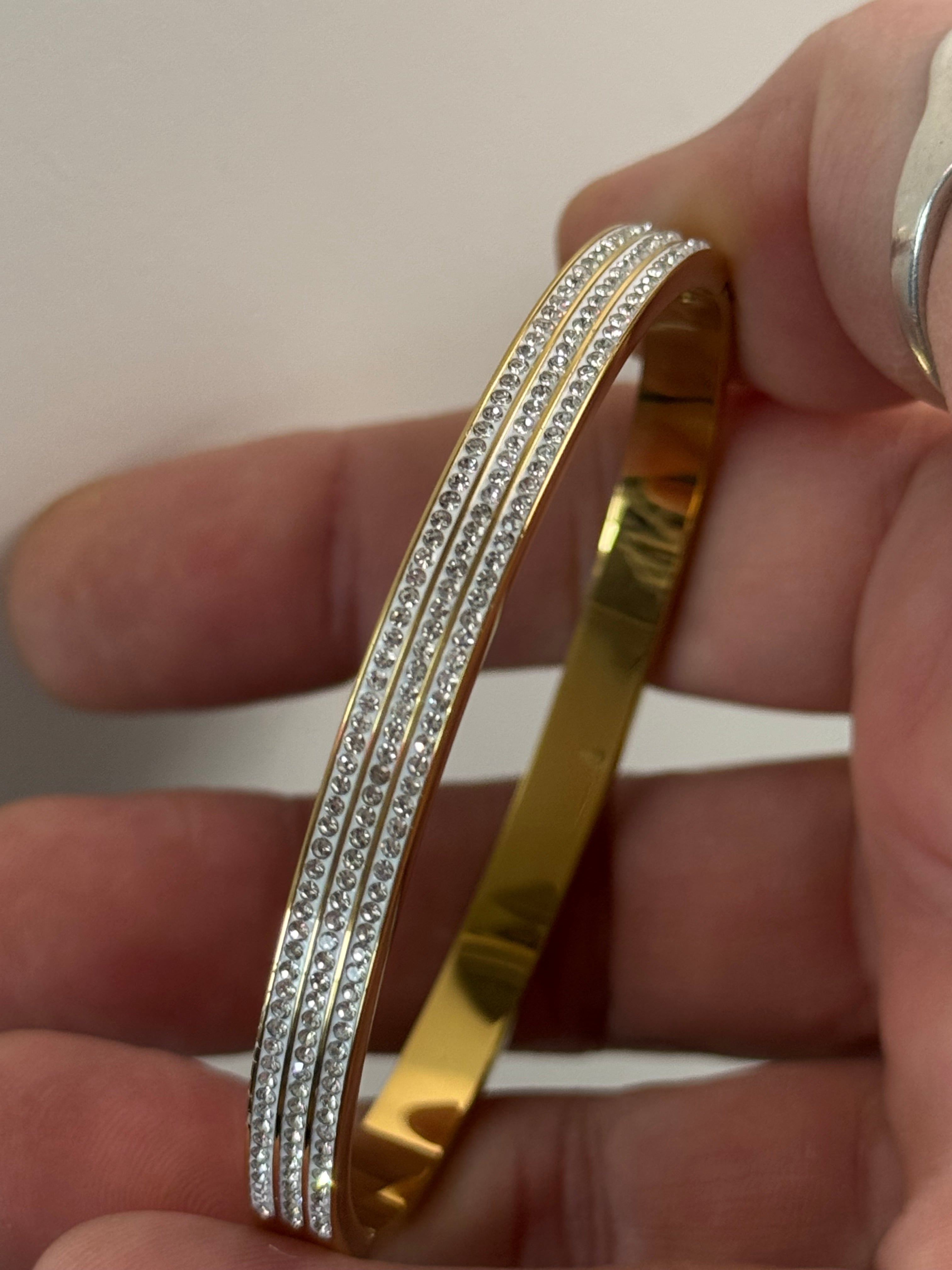 Gold plated high end triple channel set wide clear CZ Crystal hinged clamper bangle bracelet