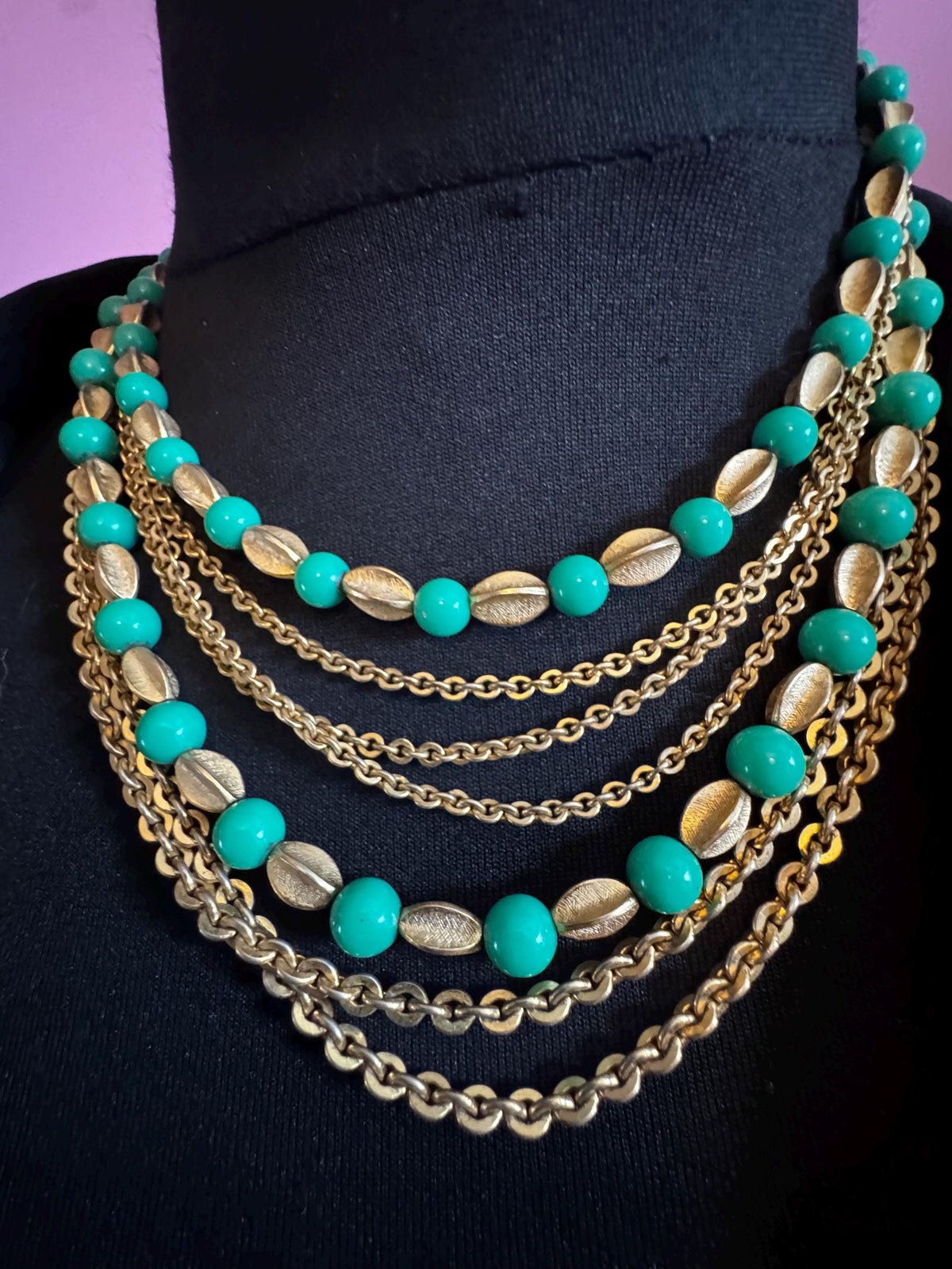 Vintage Crown Trifari Necklace, Green Beaded Multistrand, 1950s