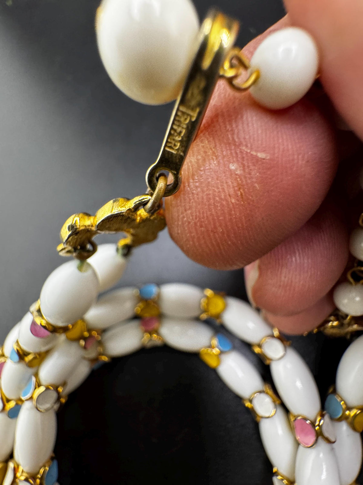 Signed Trifari Parure, Milk Glass Pastel Necklace, Bracelet Set