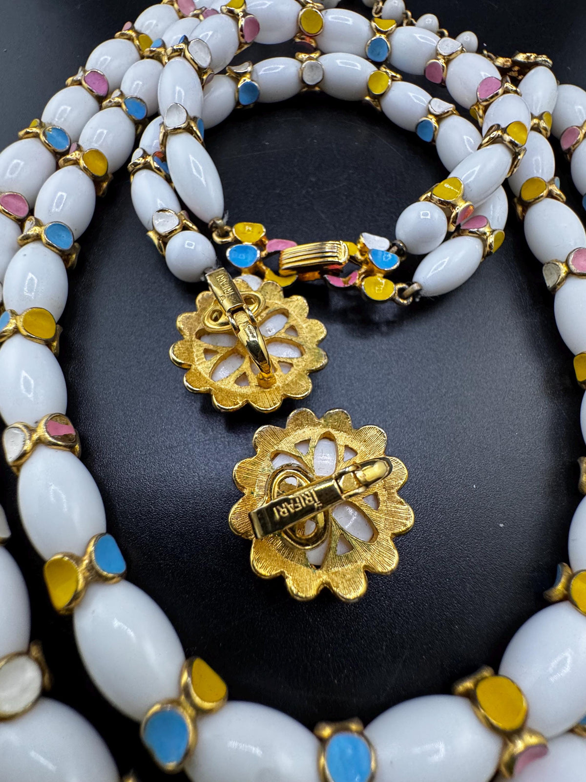 Signed Trifari Parure, Milk Glass Pastel Necklace, Bracelet Set