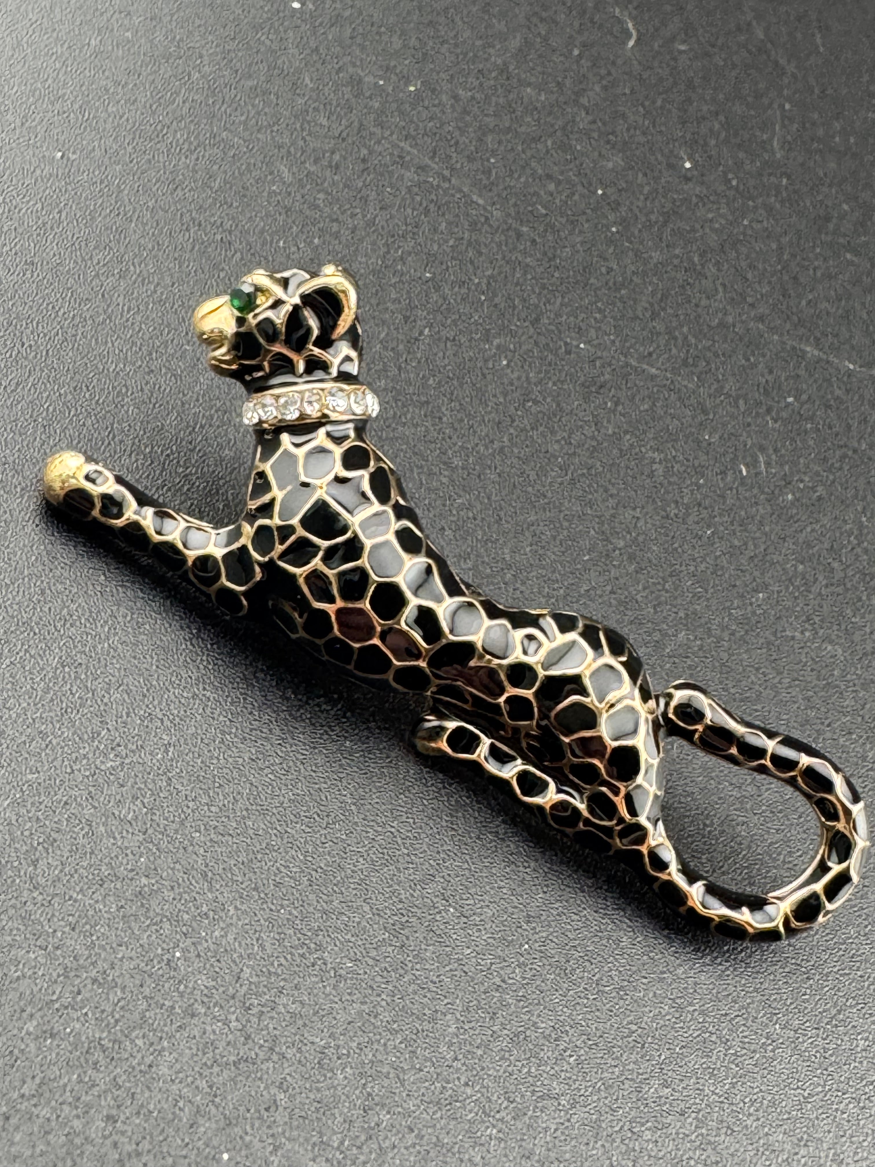 Black enamel crystal Big Cat leopard panther puma brooch gold tone