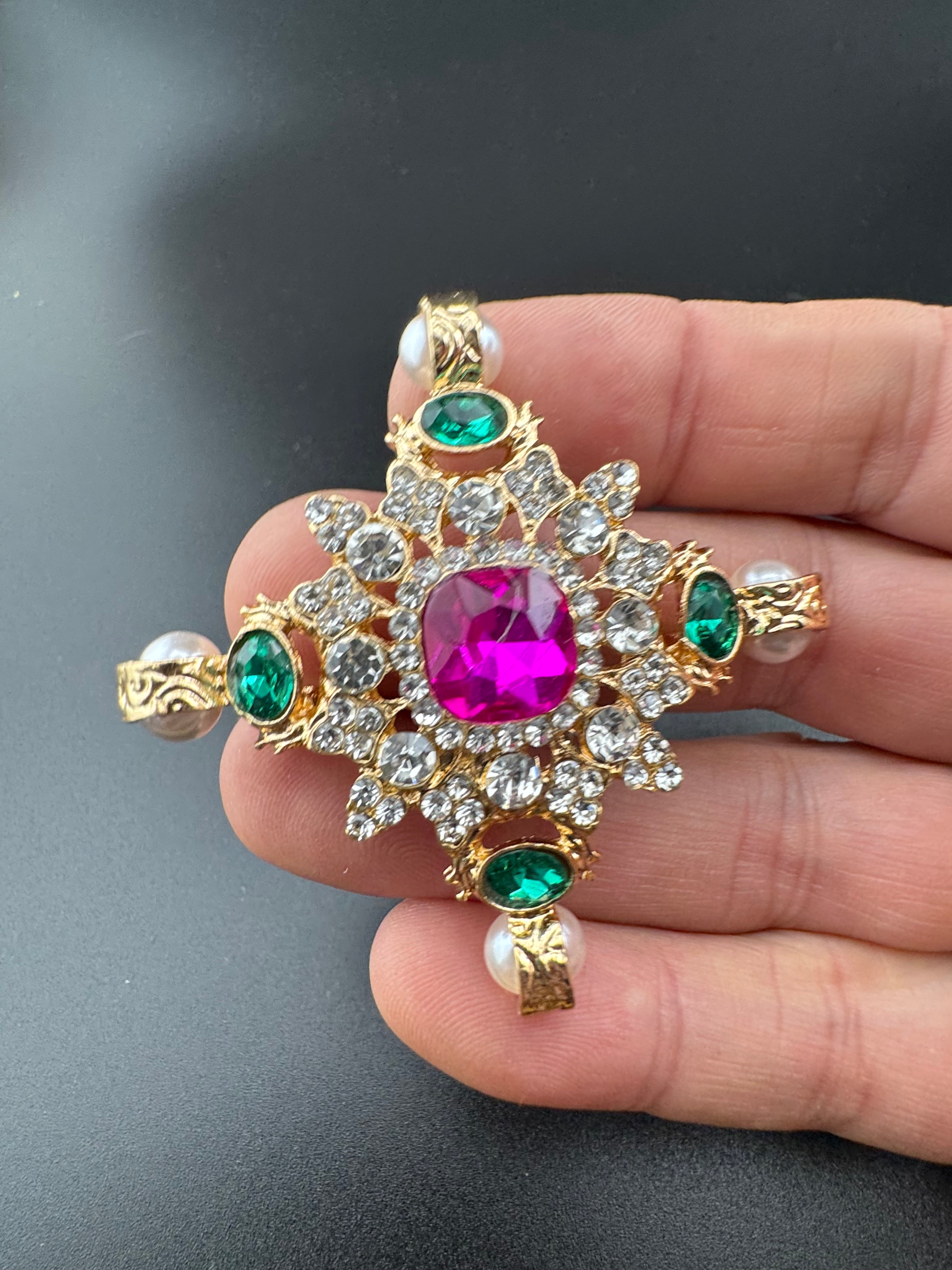 Statement Medieval style gold pink and green rhinestone cross brooch