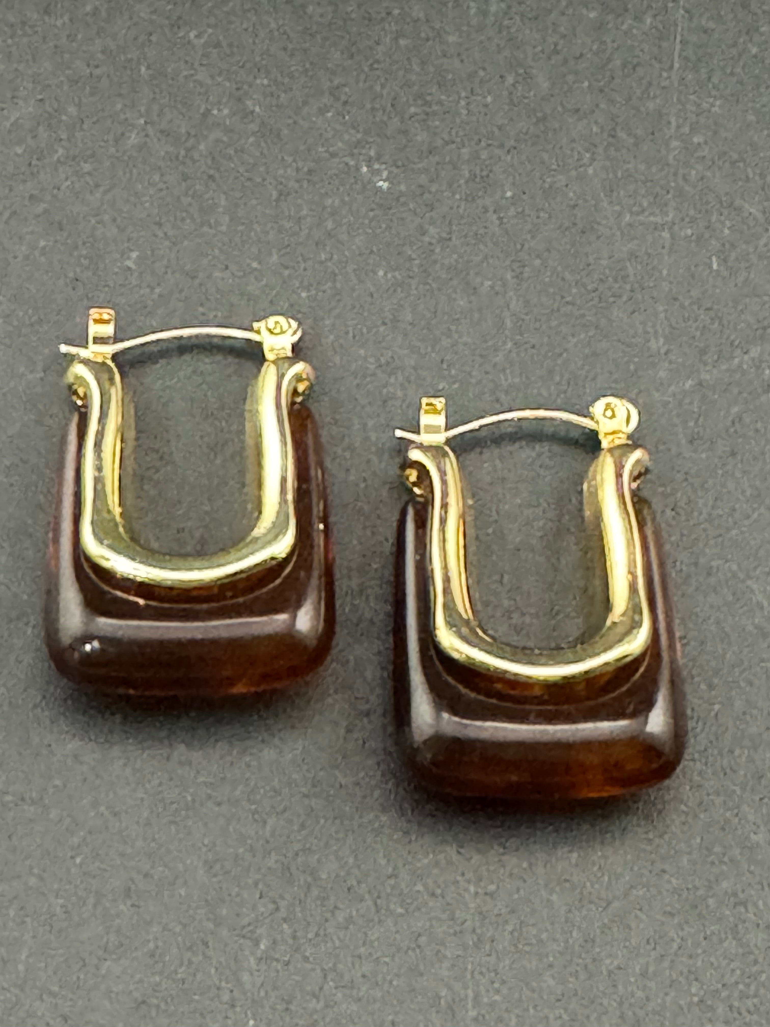 Brown acrylic gold tone pierced rectangular drop hoop earrings