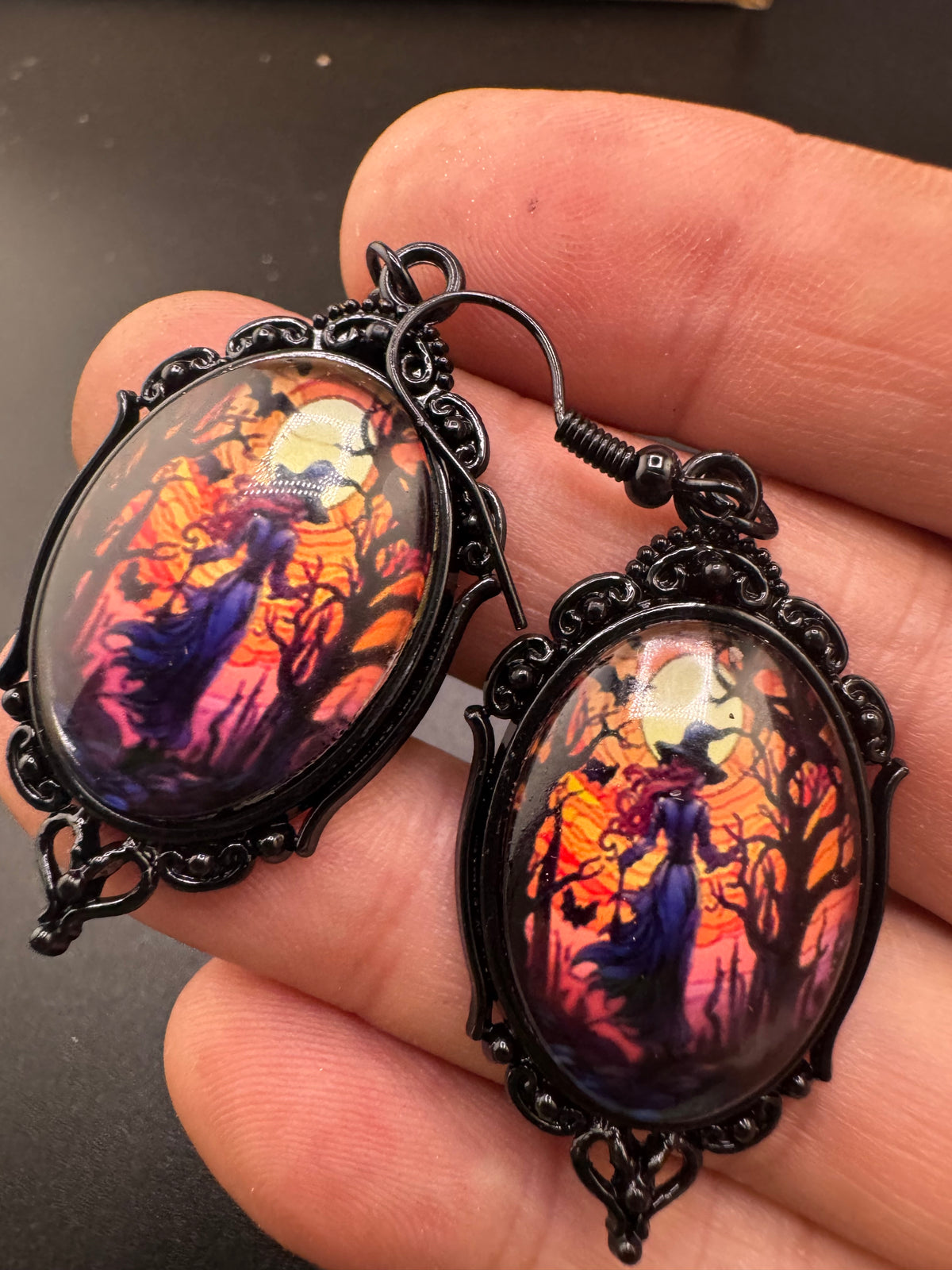 Spooky Halloween witch earrings for pierced ears black and orange