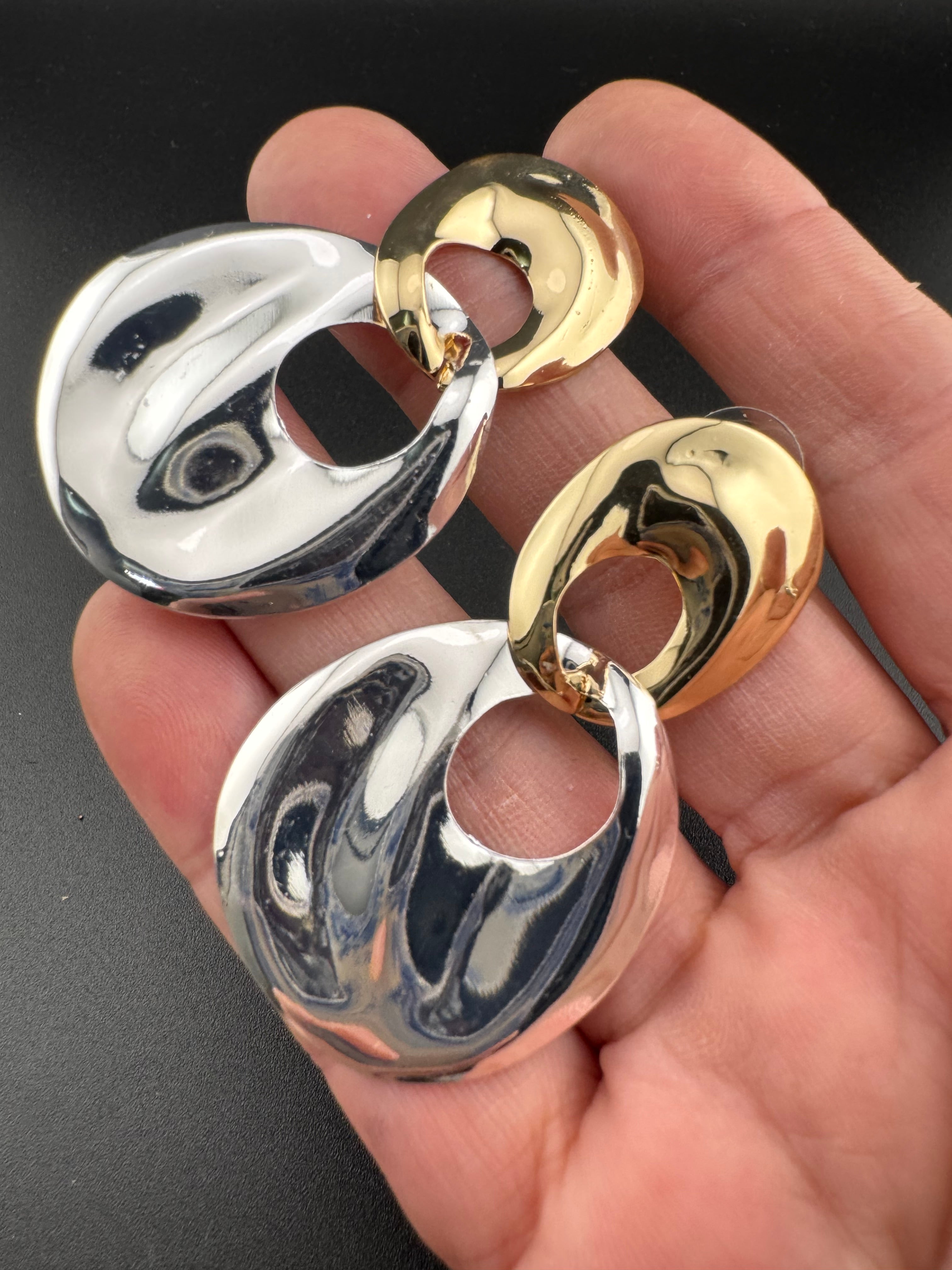 80s style silver and gold tone oversized door knocker clip on earrings