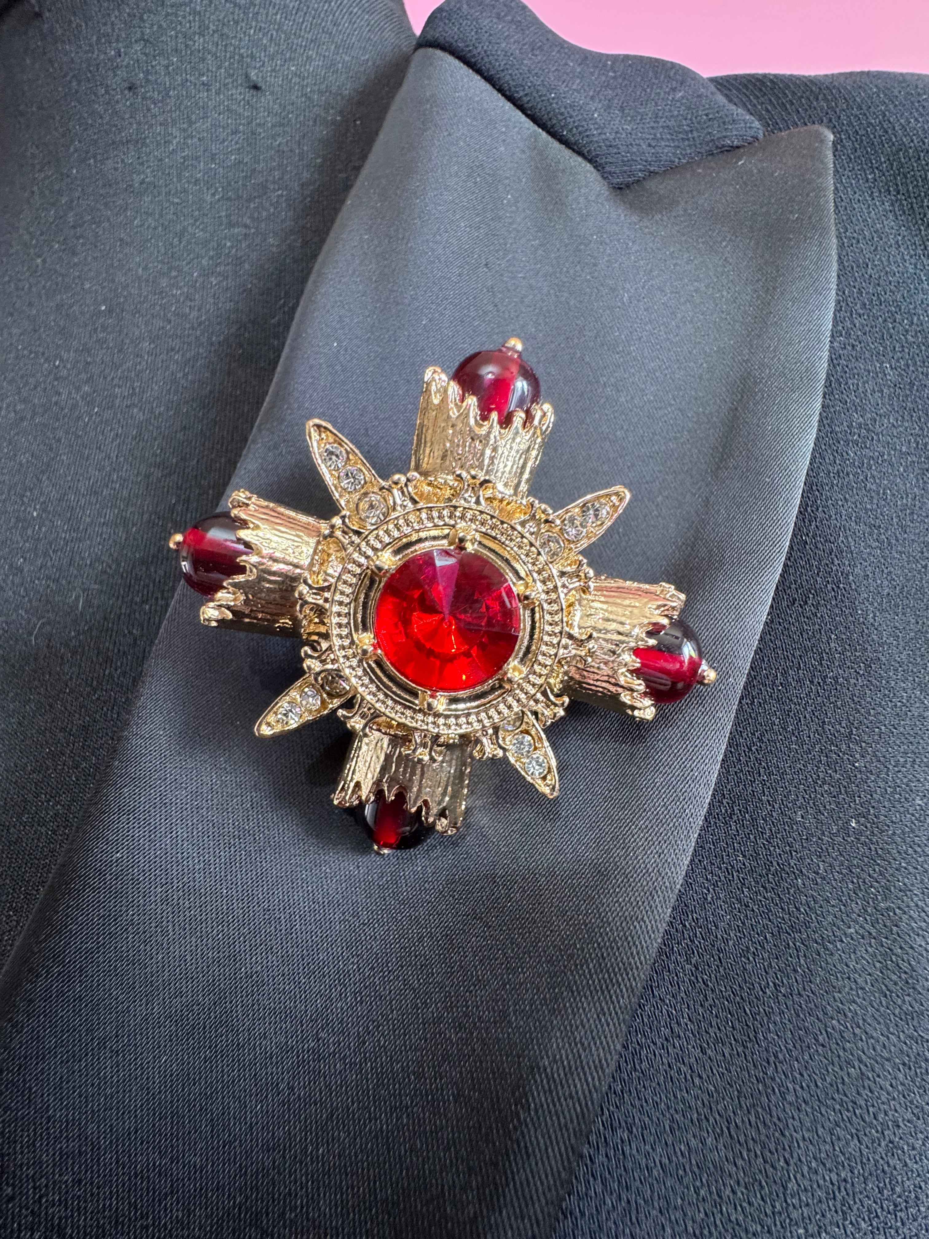 Statement Medieval style gold ruby rhinestone cross brooch