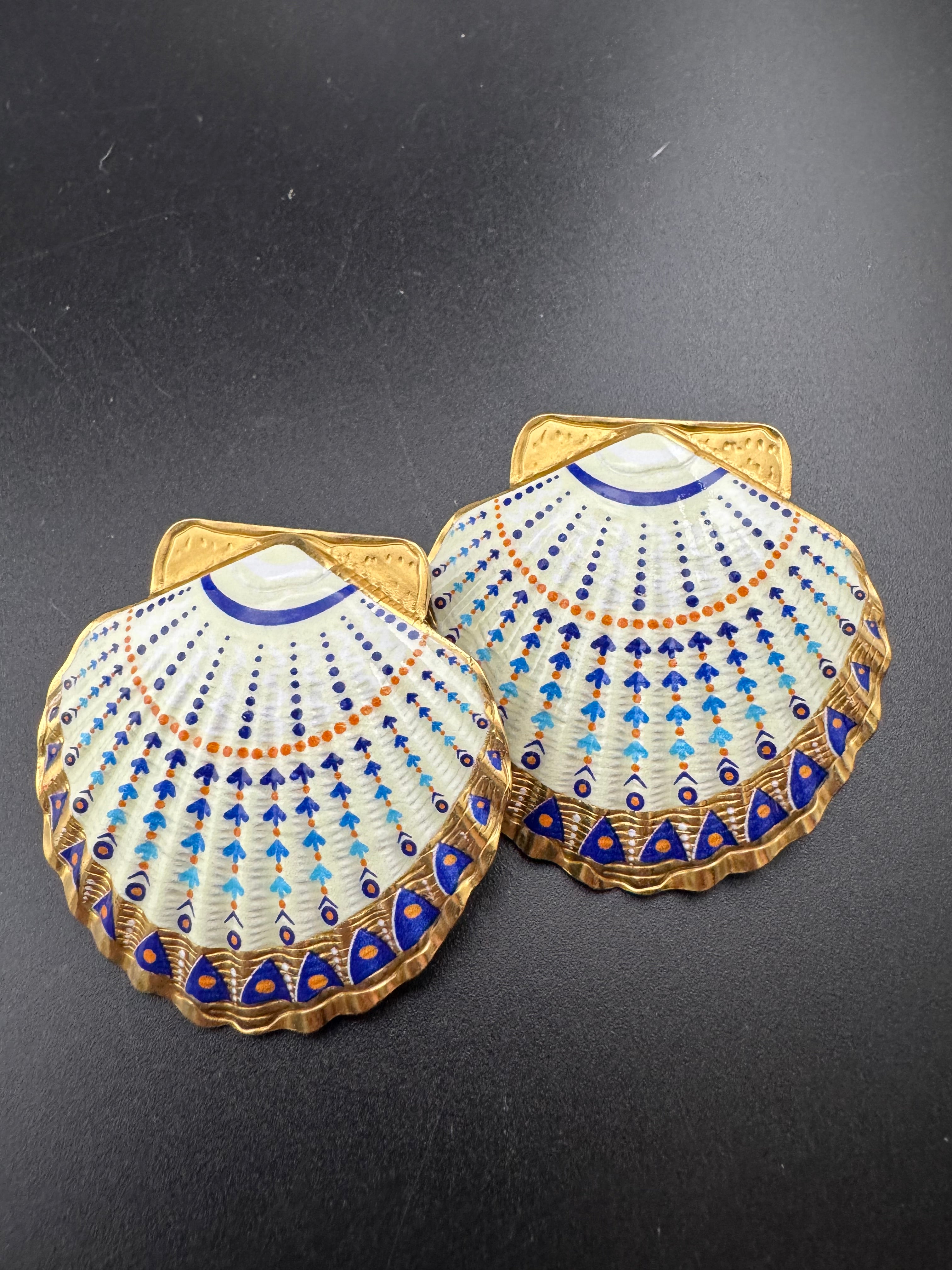 Oversized sea shell enamel earrings for pierced ears turquoise and white