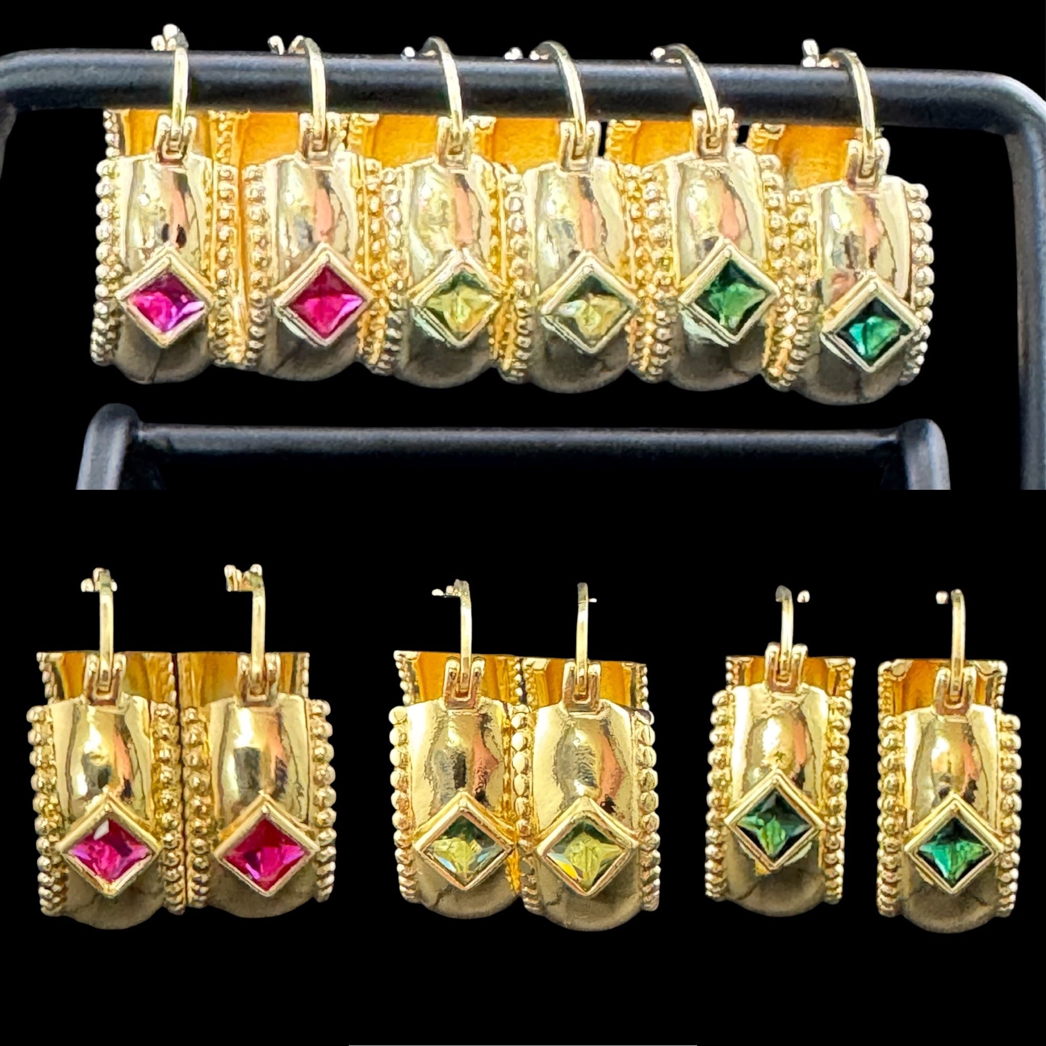 Wide crystal gold hoop earrings with pink emerald and tourmaline crystals