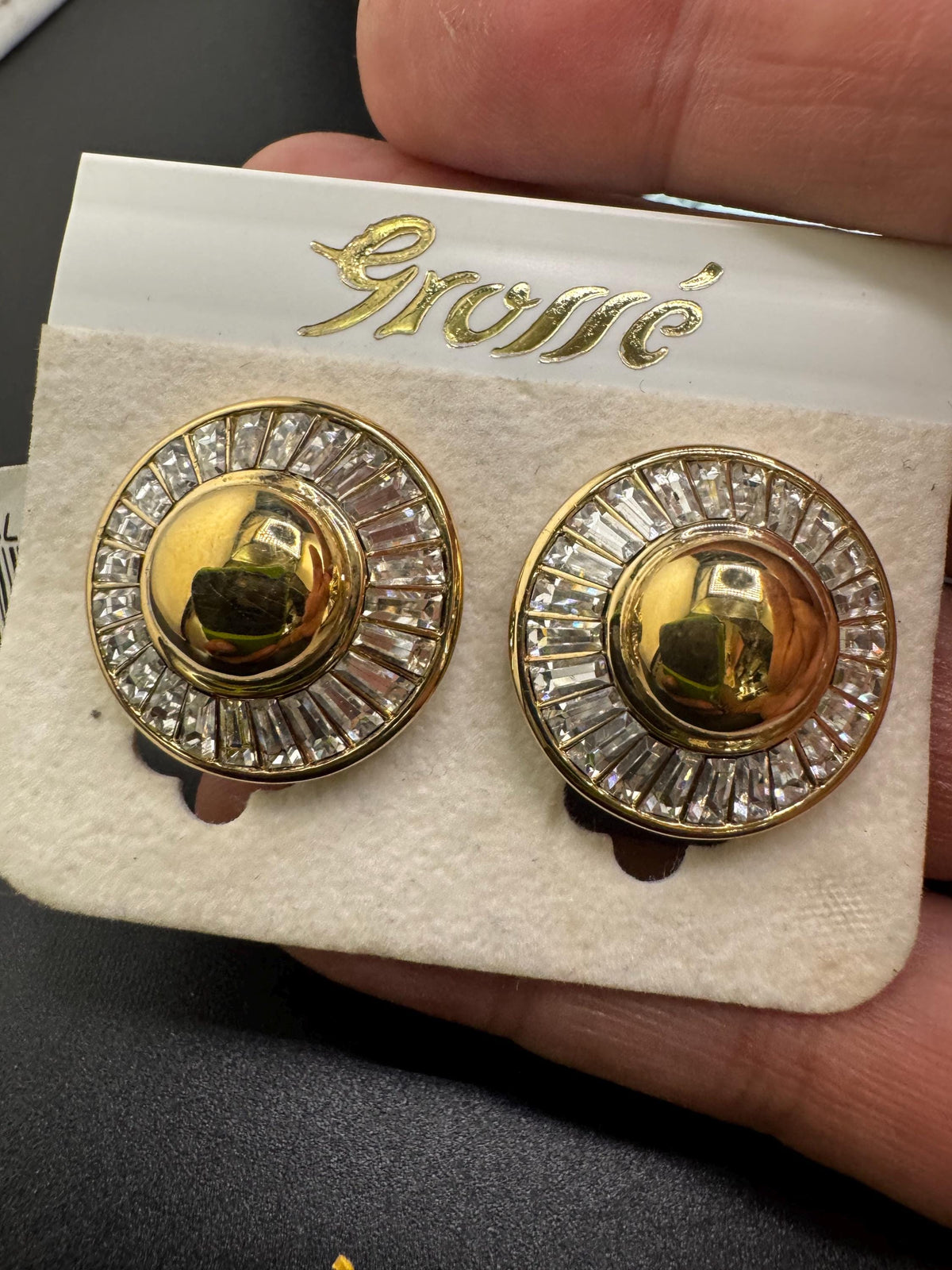 Grosse Clip On Earrings, Clear Baguette Rhinestone Round, Gold Plated