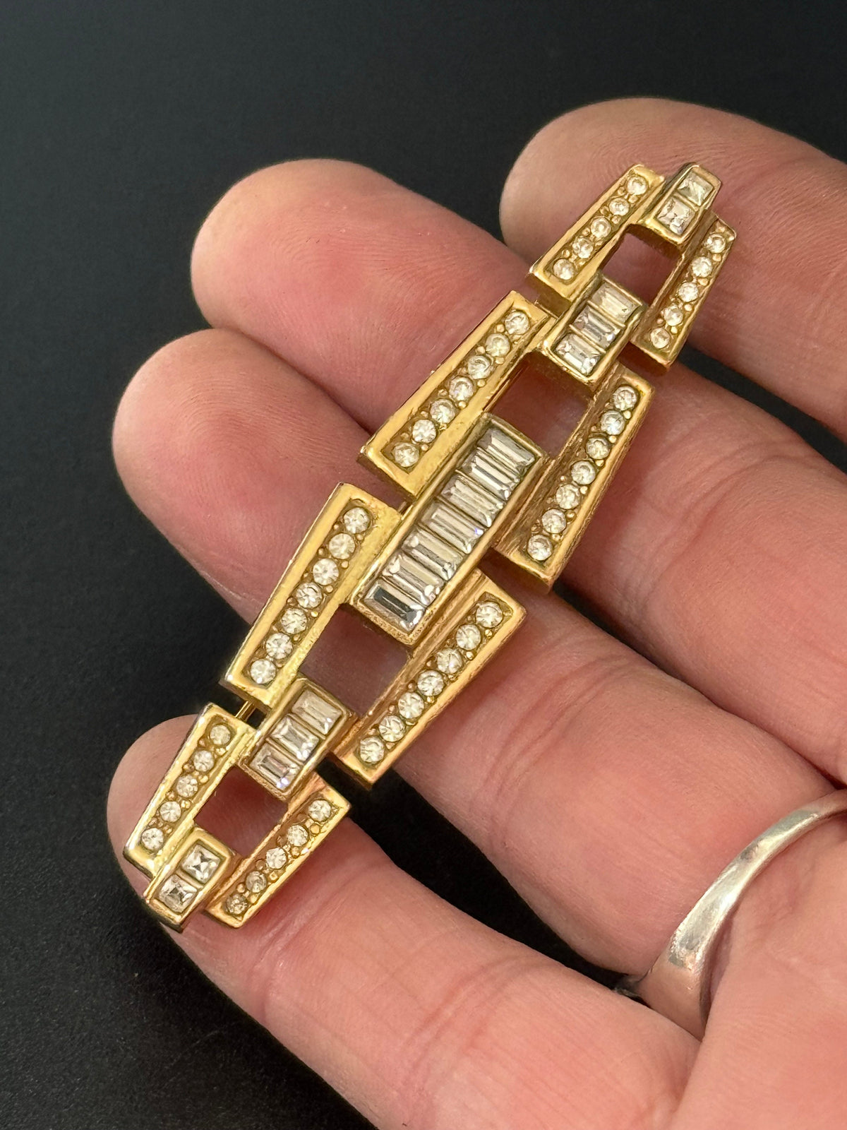 Grosse Signed Brooch, Gold Plated Bar Pin, Baguette Rhinestone