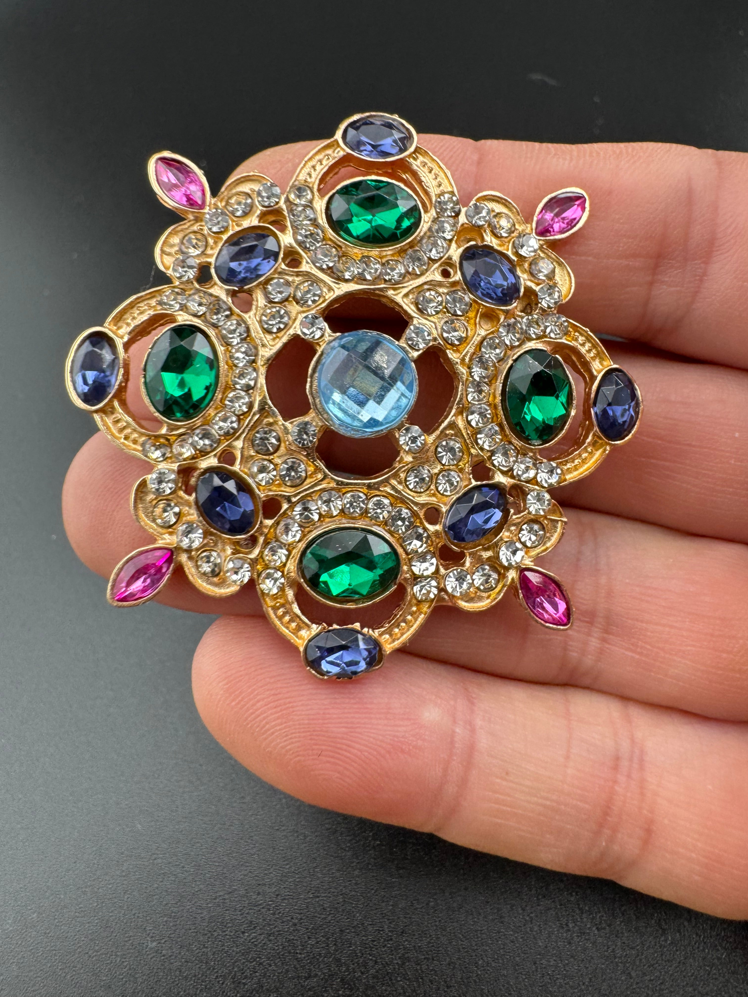 Statement Medieval style gold emerald and sapphire rhinestone cross brooch