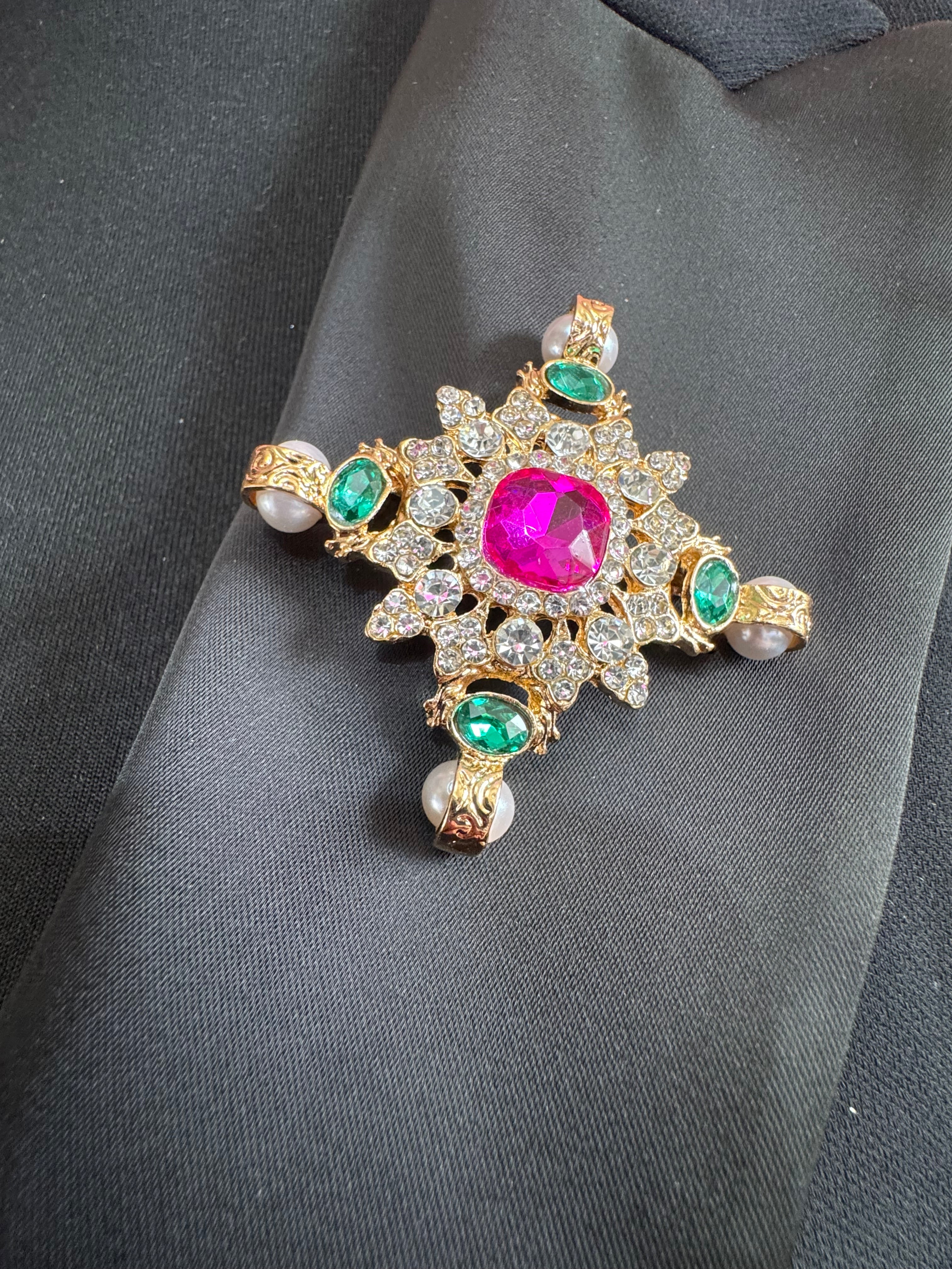 Statement Medieval style gold pink and green rhinestone cross brooch