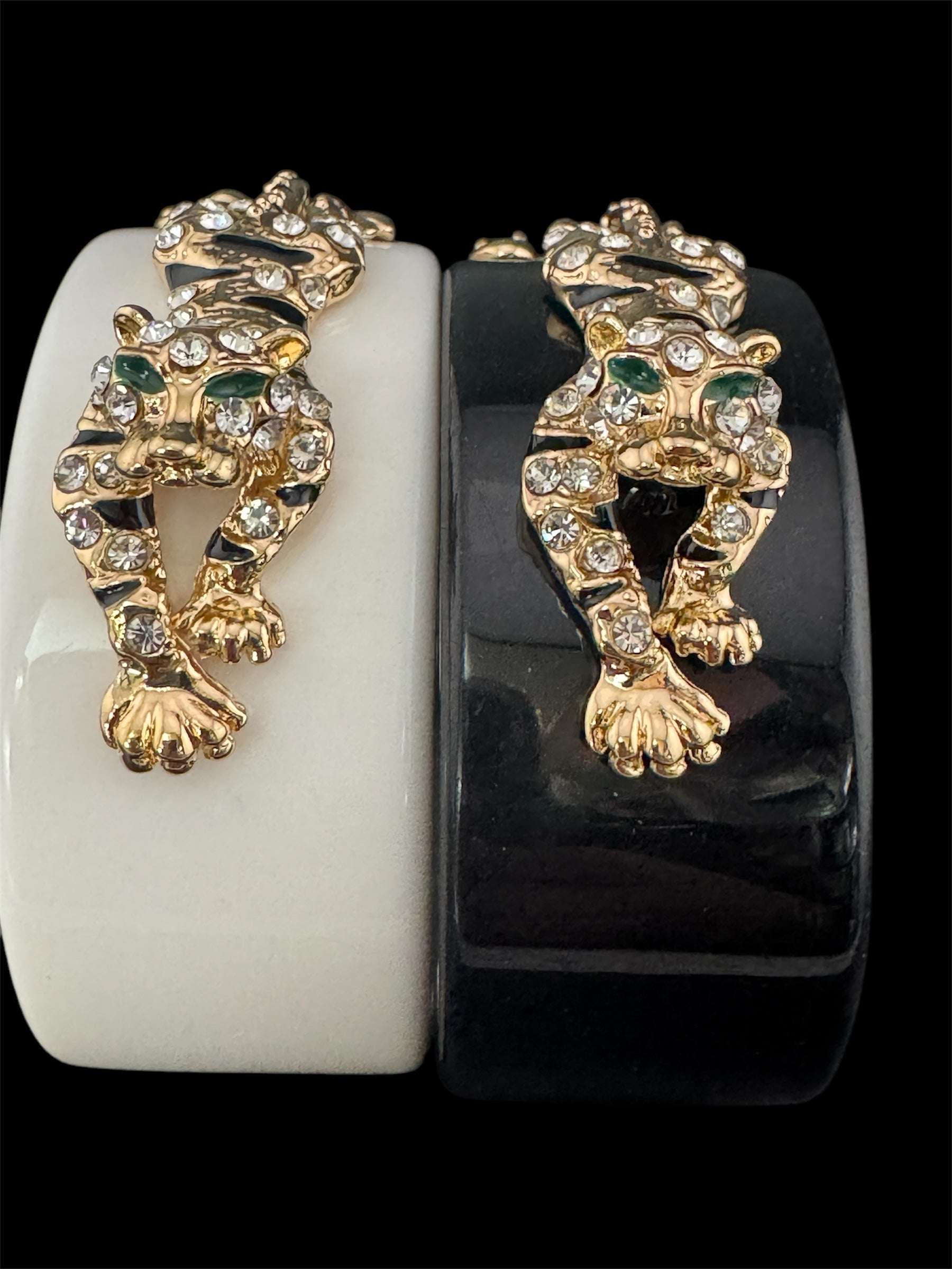Black acrylic big cat black enamel and clear crystal gold tone cuff bangle bracelet