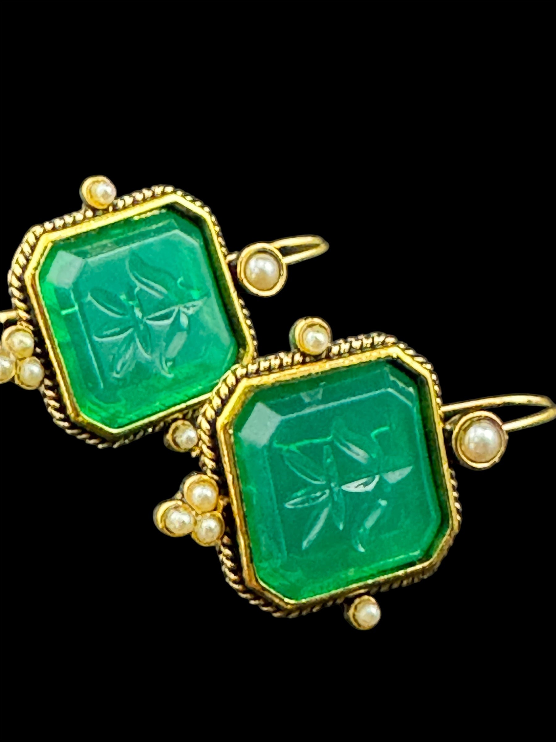 Victorian style emerald ruby and sapphire seed pearl drop earrings