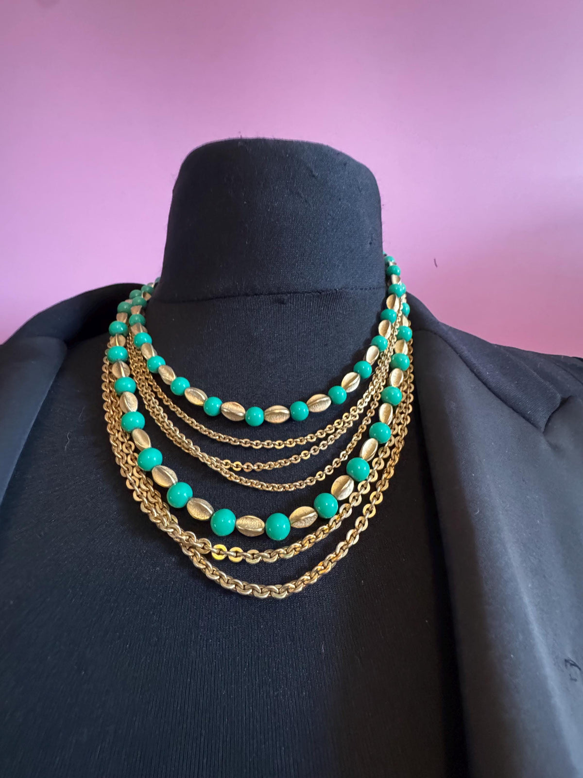 Vintage Crown Trifari Necklace, Green Beaded Multistrand, 1950s
