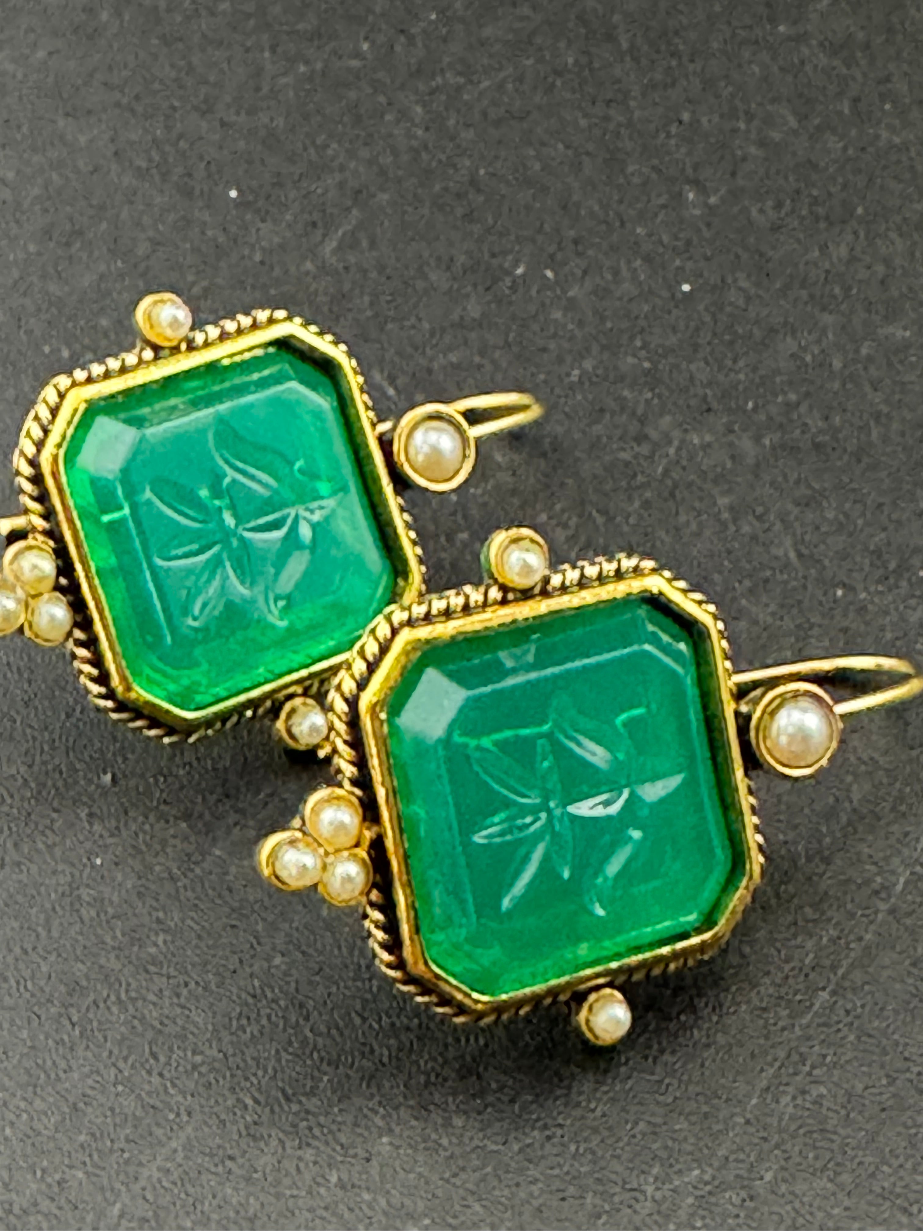 Victorian style emerald ruby and sapphire seed pearl drop earrings
