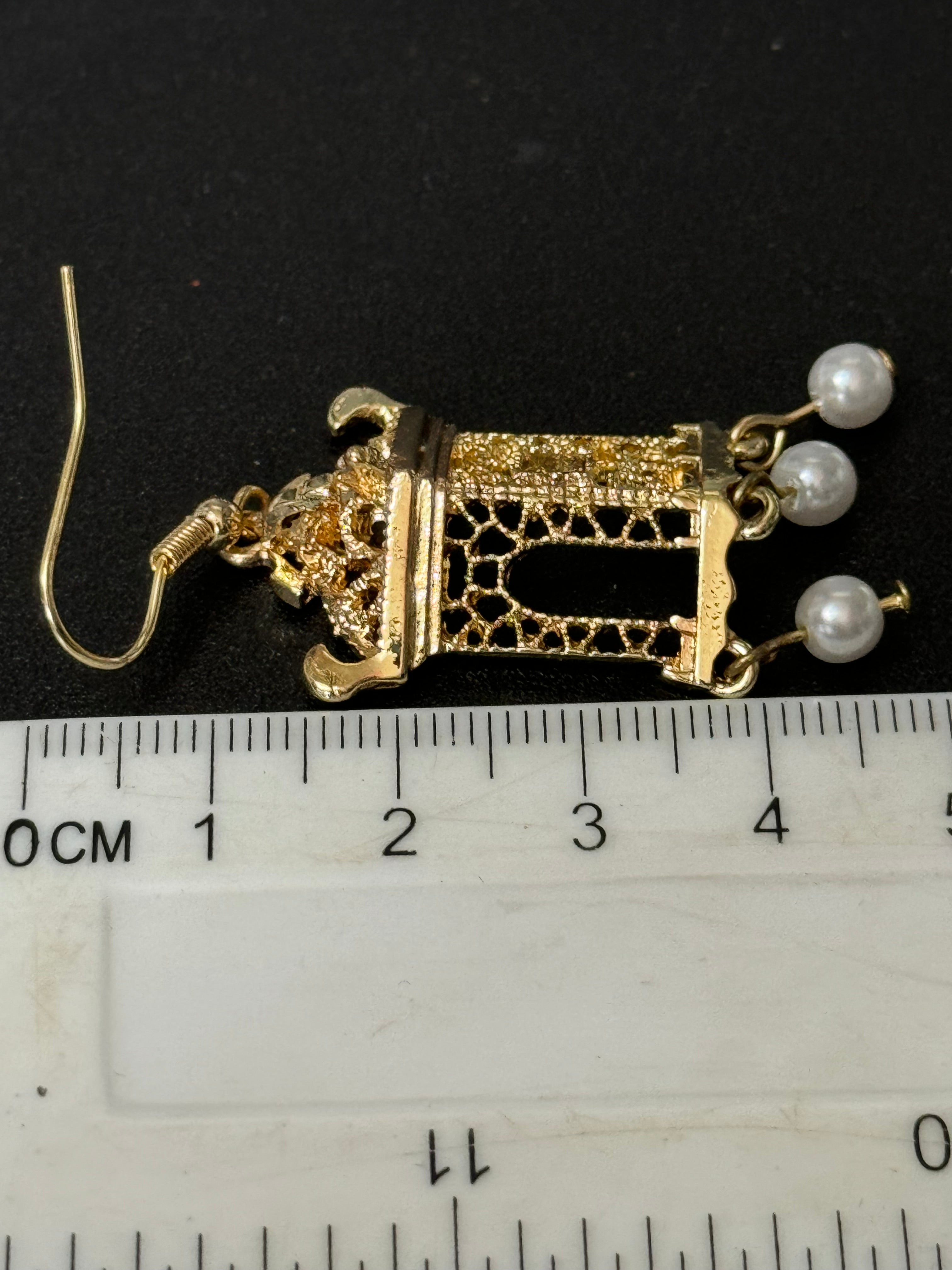 Far Eastern Chinese pagoda gold tone faux pearl drop earrings
