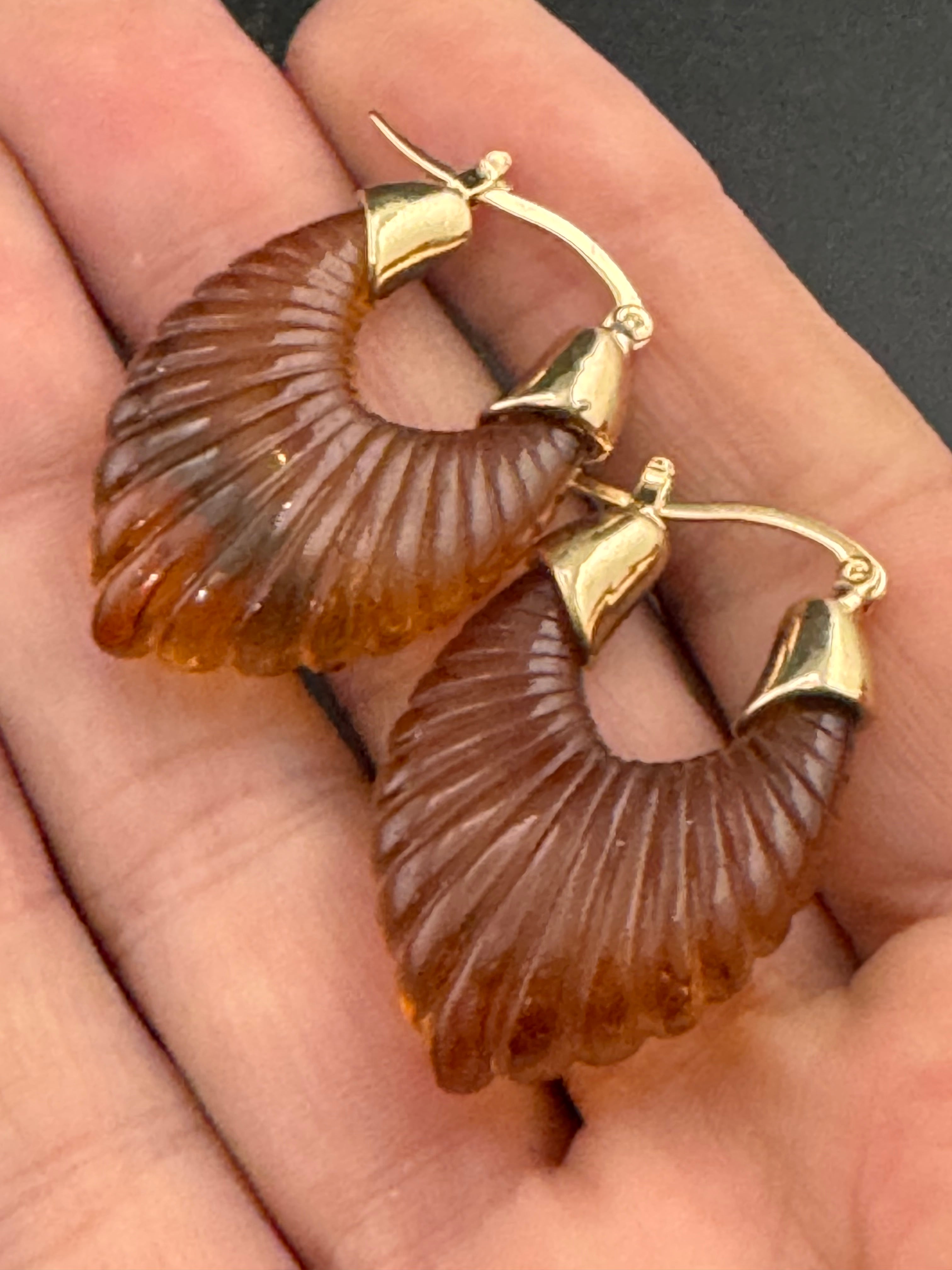 Brown acrylic gold tone pierced drop hoop earrings