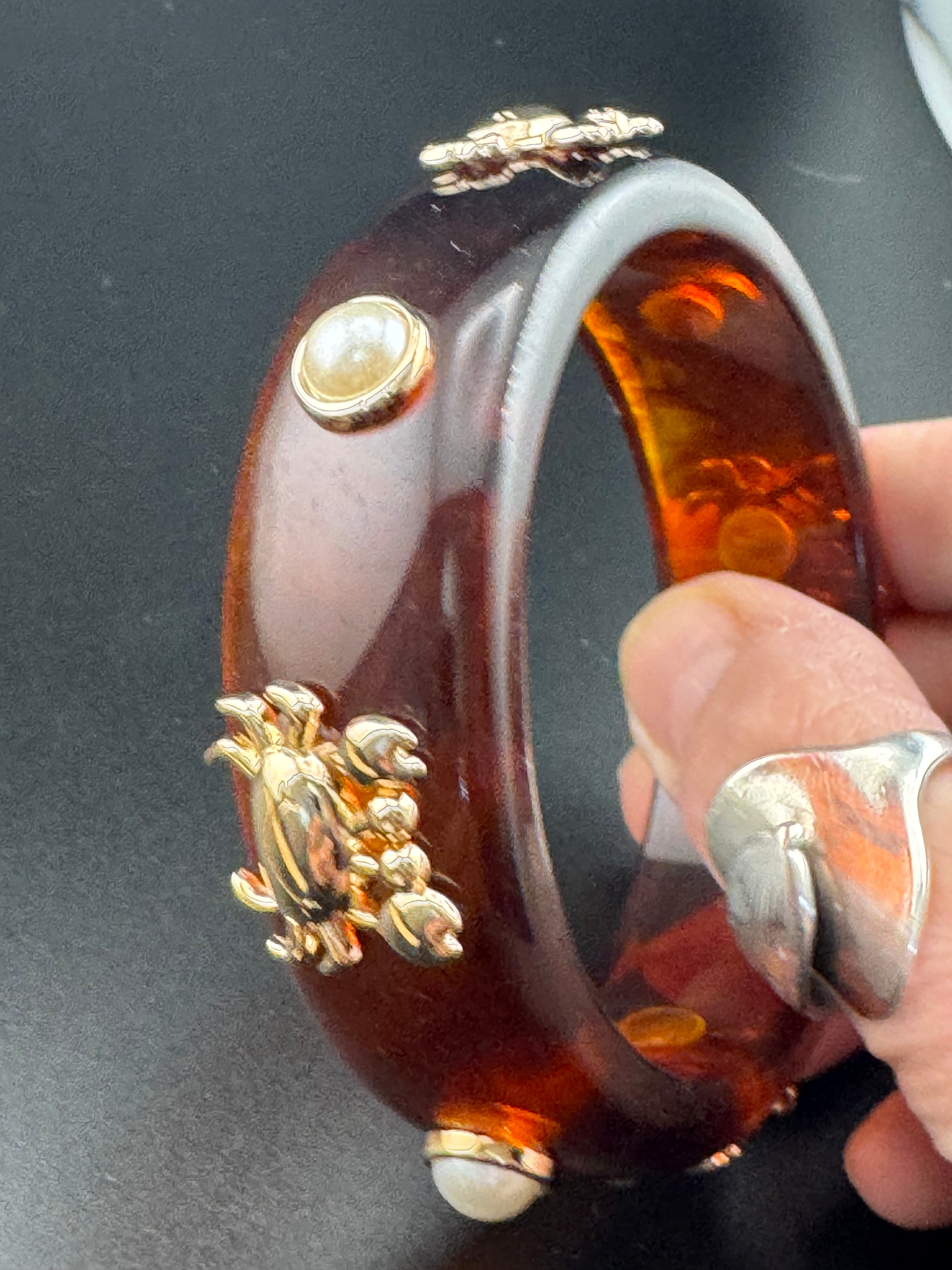 Nautical gold crab faux tortoiseshell wide brown acrylic pearl plastic bangle bracelet