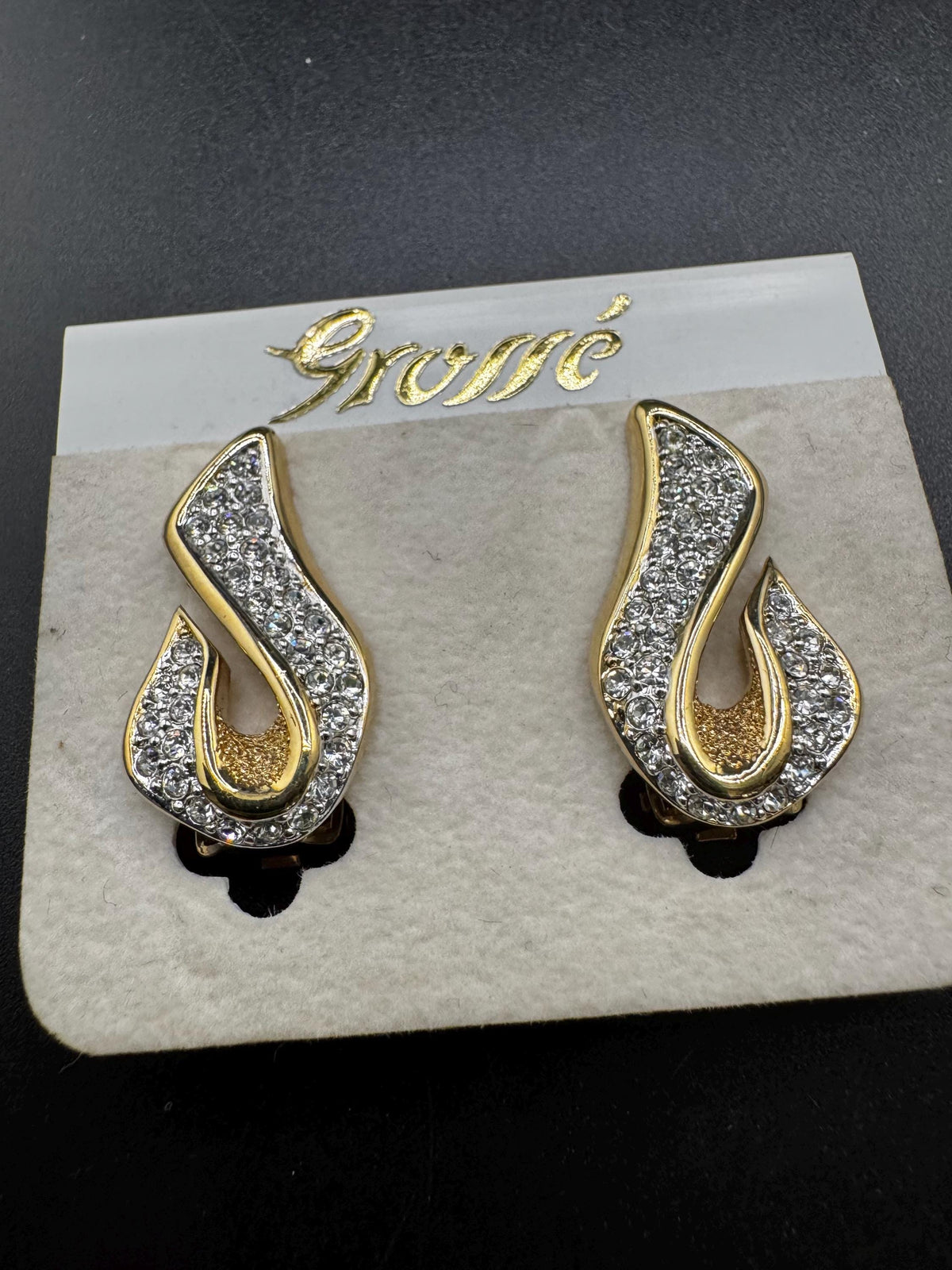 Vintage Grosse Earrings, Clear Rhinestone Clip-On, Gold Plated