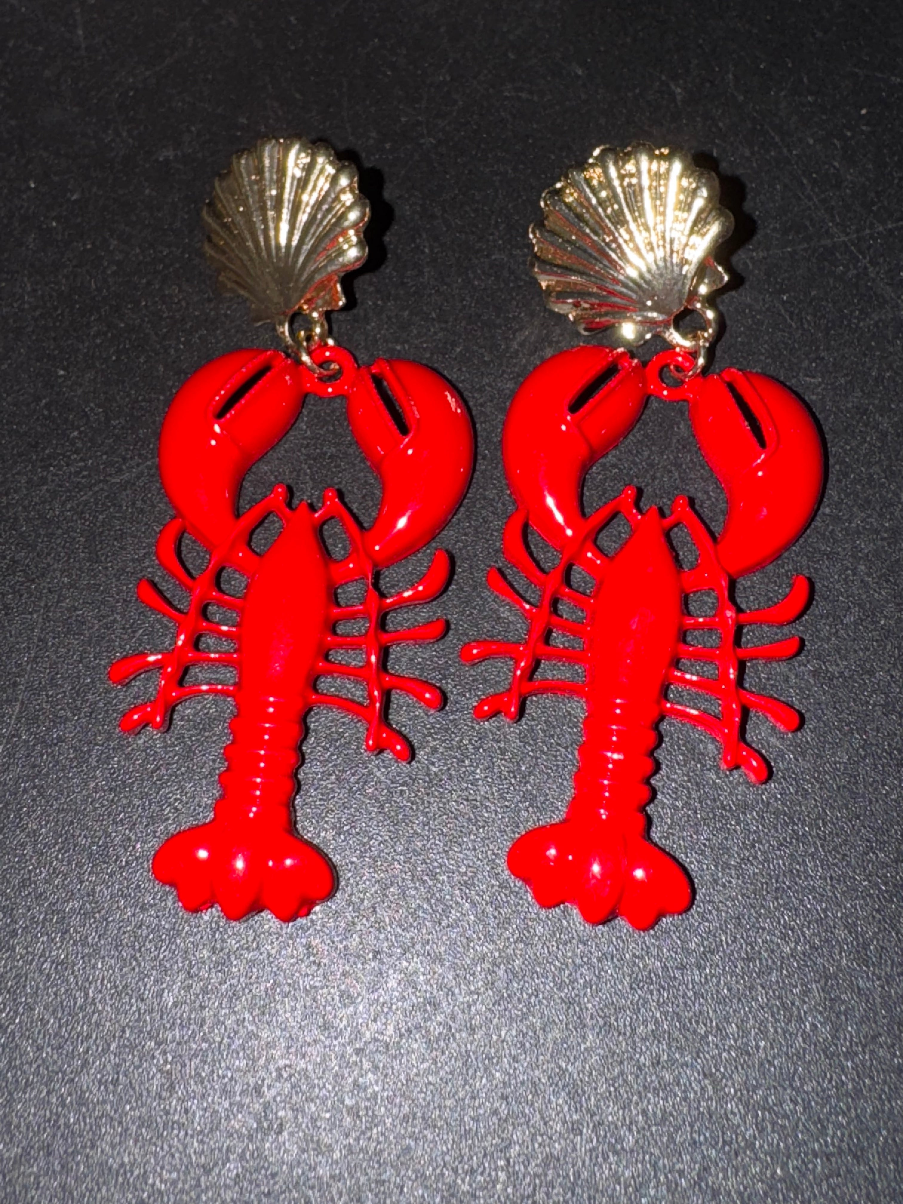Bright red enamel lobster dangly earrings with gold seashells