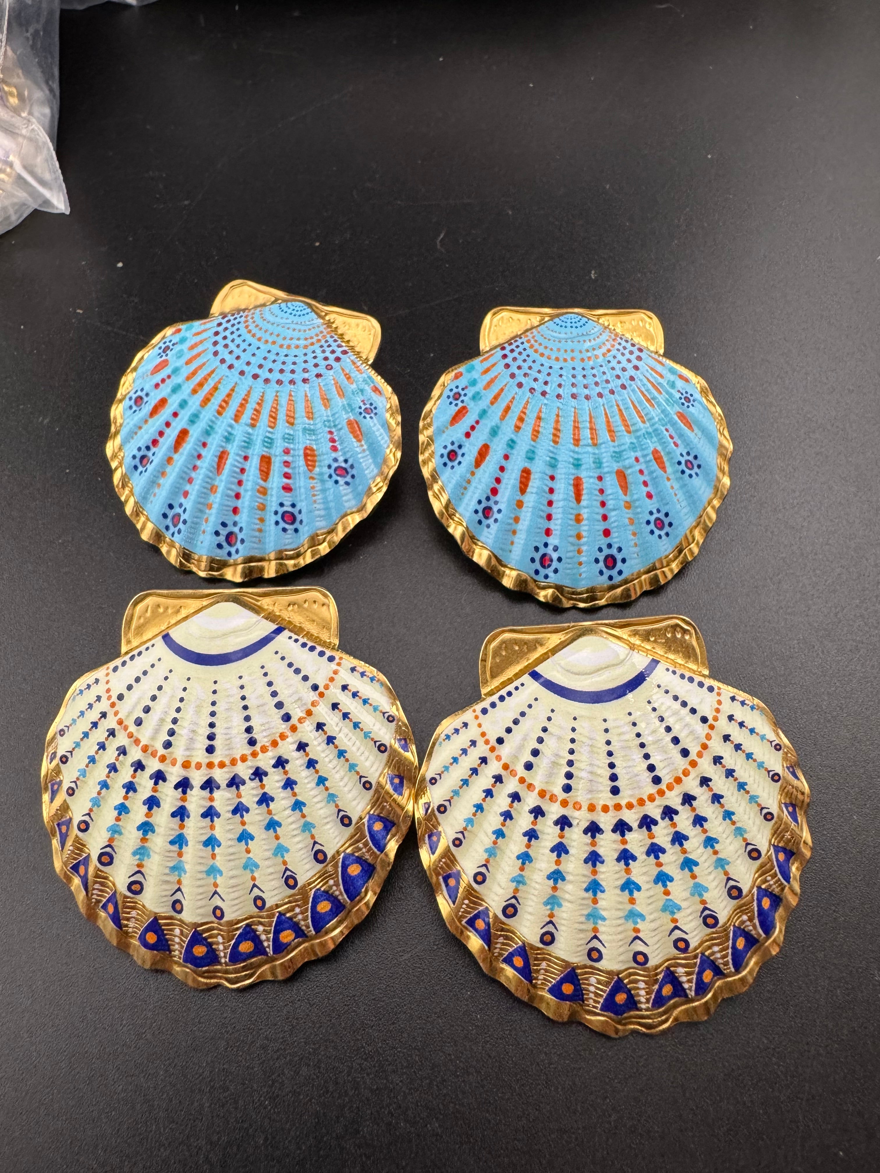 Oversized sea shell enamel earrings for pierced ears turquoise and white