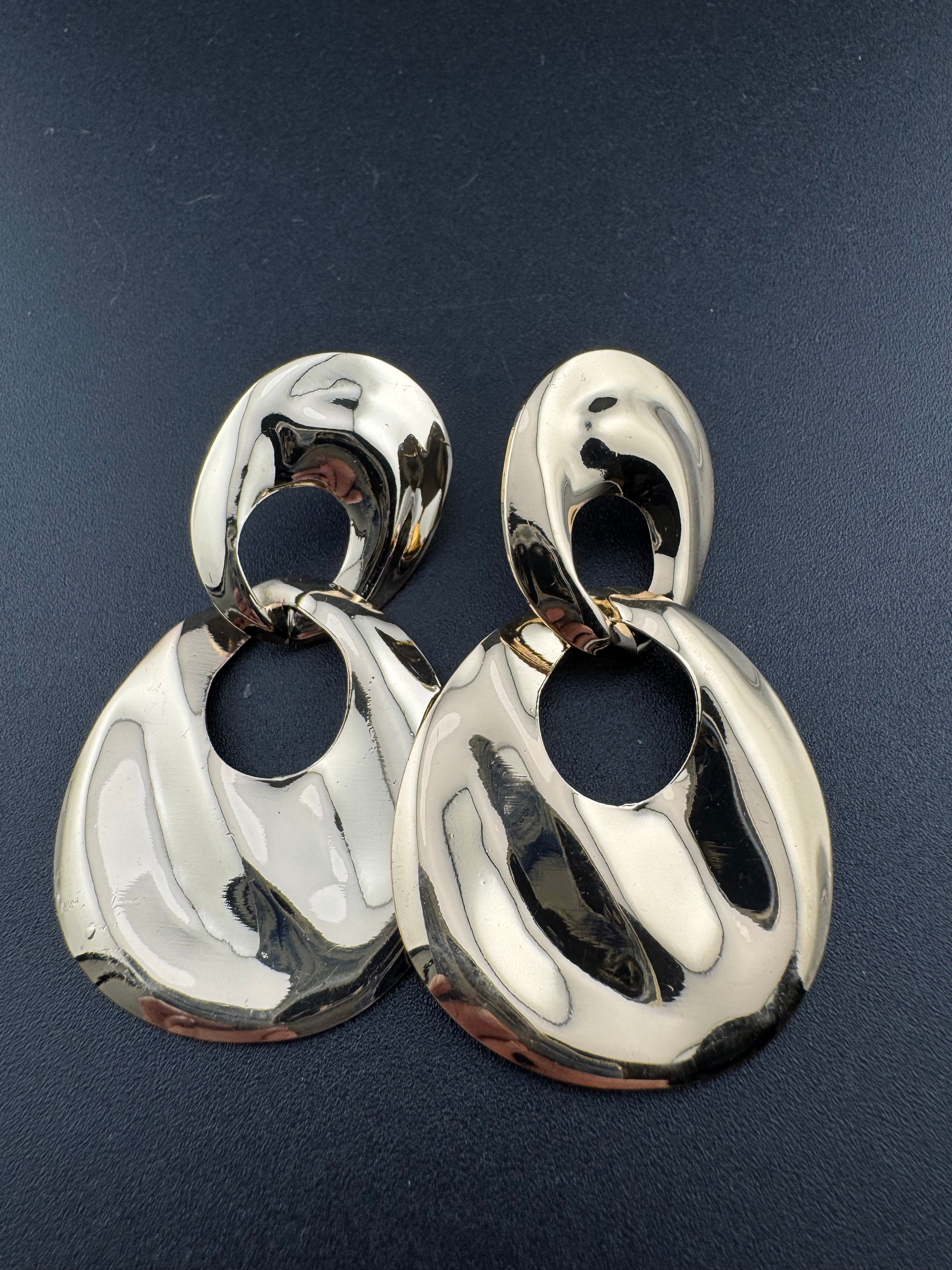80s style silver and gold tone oversized door knocker clip on earrings
