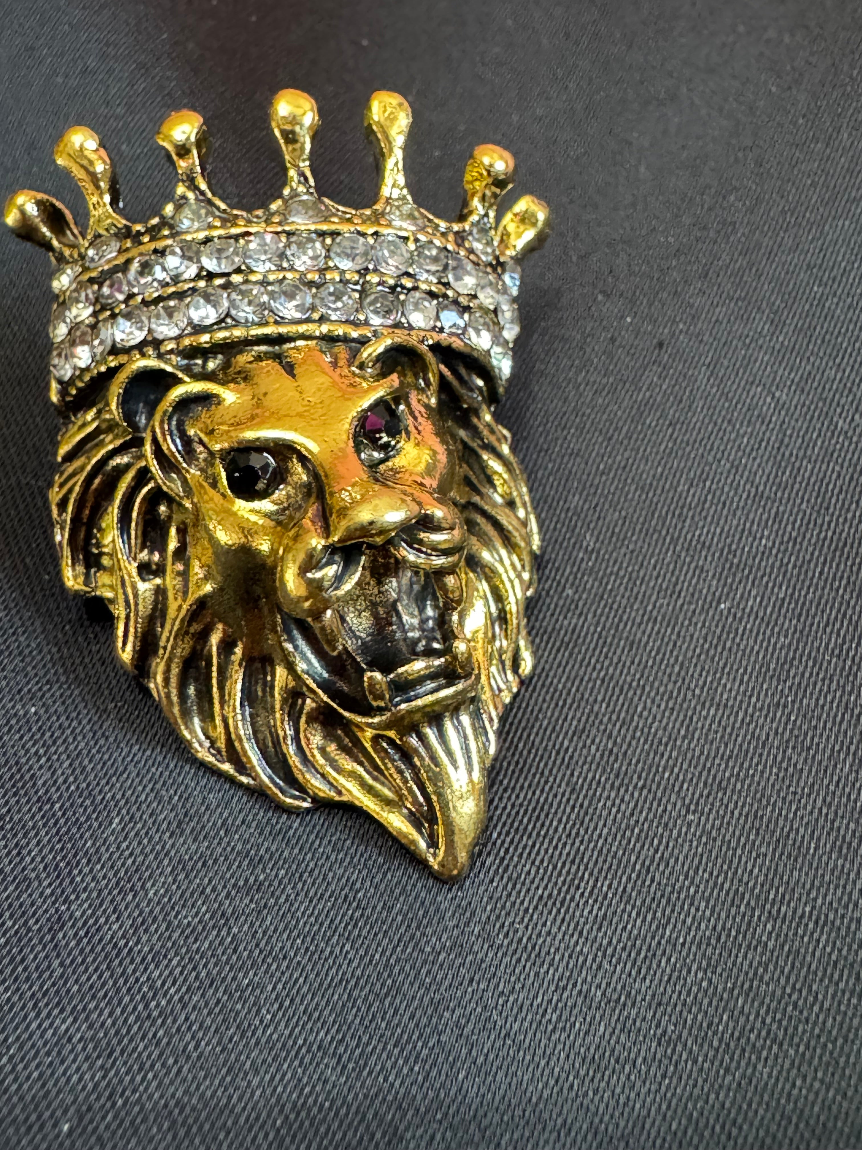 Crystal royal crown gold lion brooch, antique gold tone
