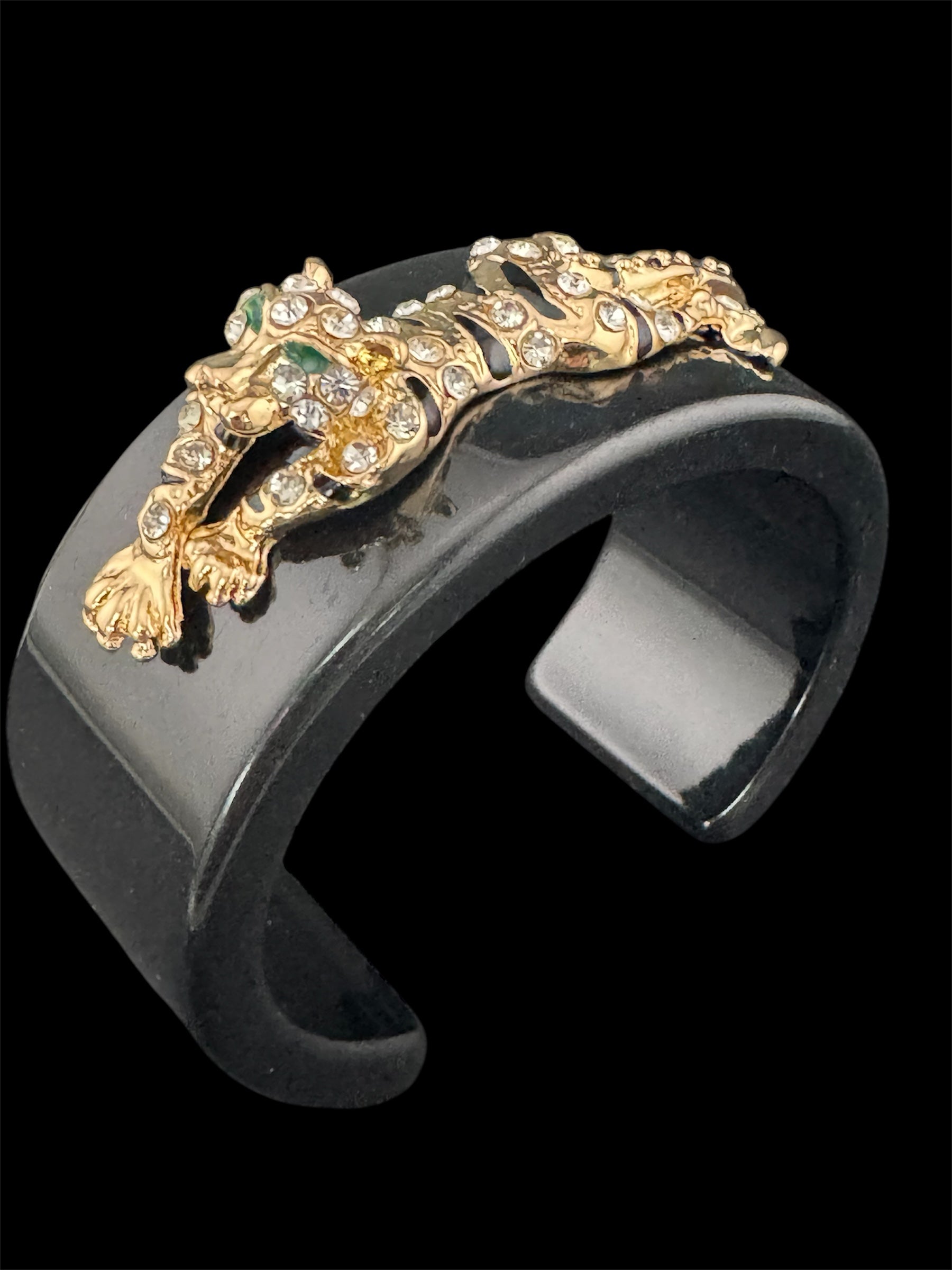 Black acrylic big cat black enamel and clear crystal gold tone cuff bangle bracelet
