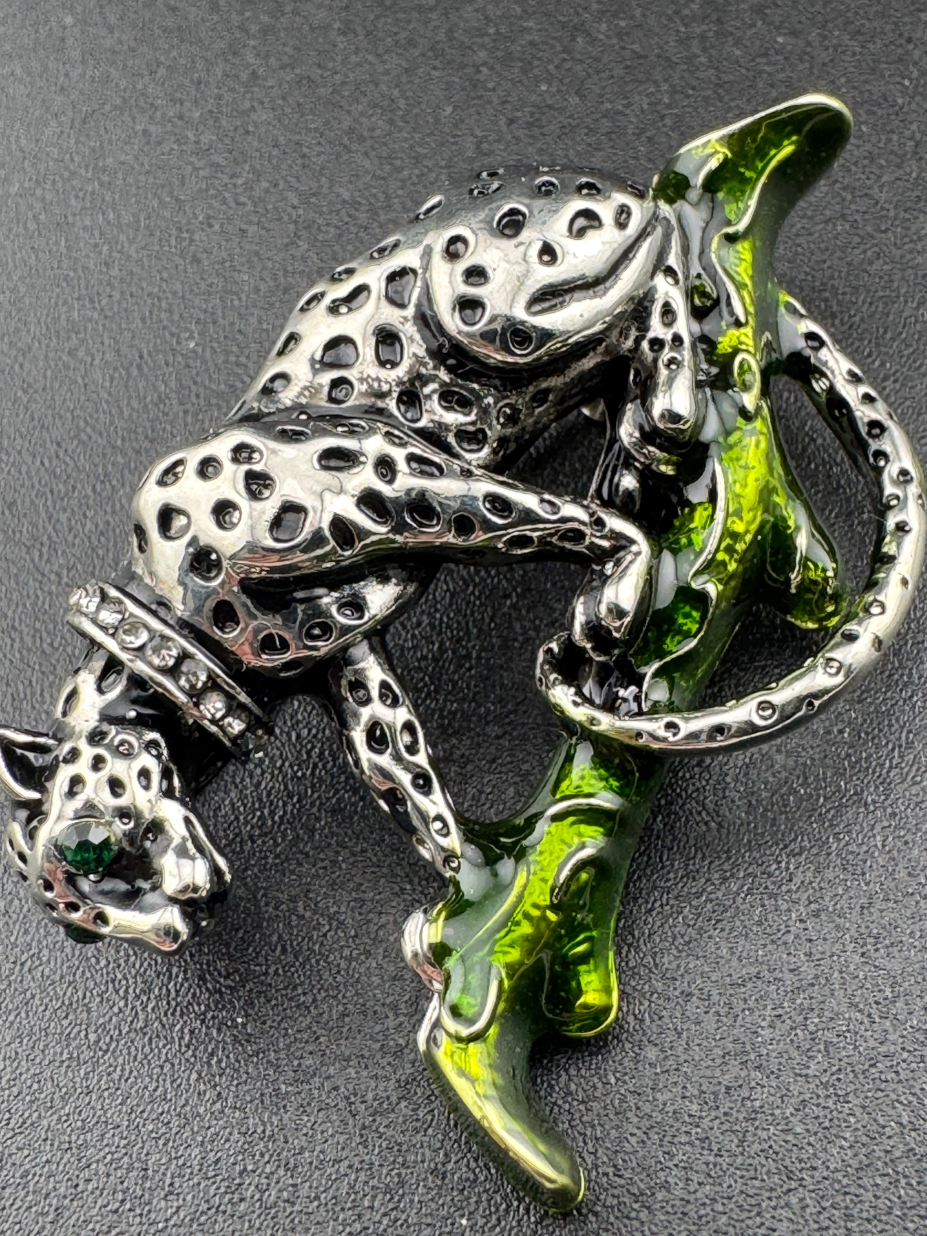green enamel rhinestone silver tone Big Cat leopard brooch for coat