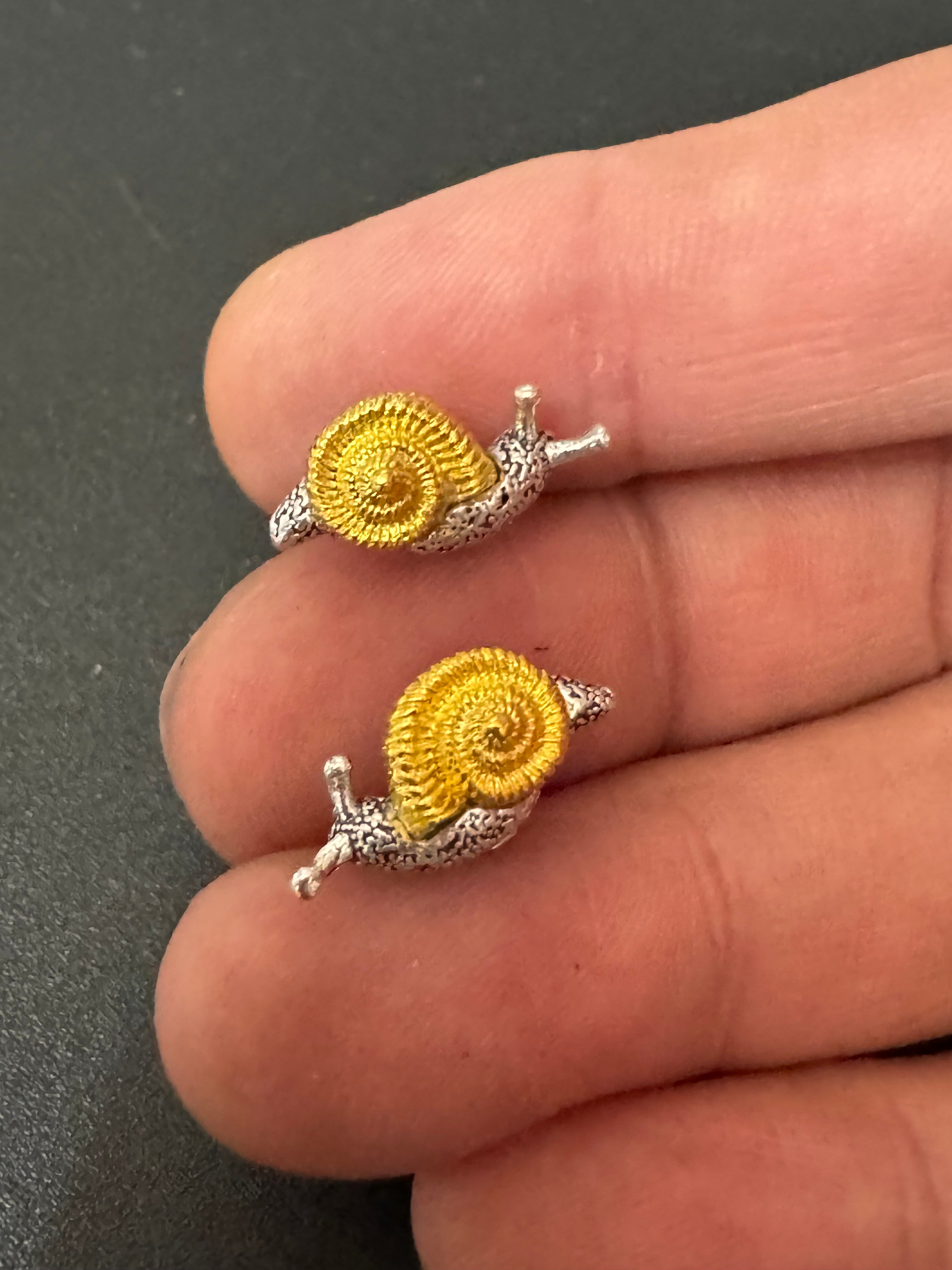 Small cute snail stud earrings for pierced ears gold and silver tone