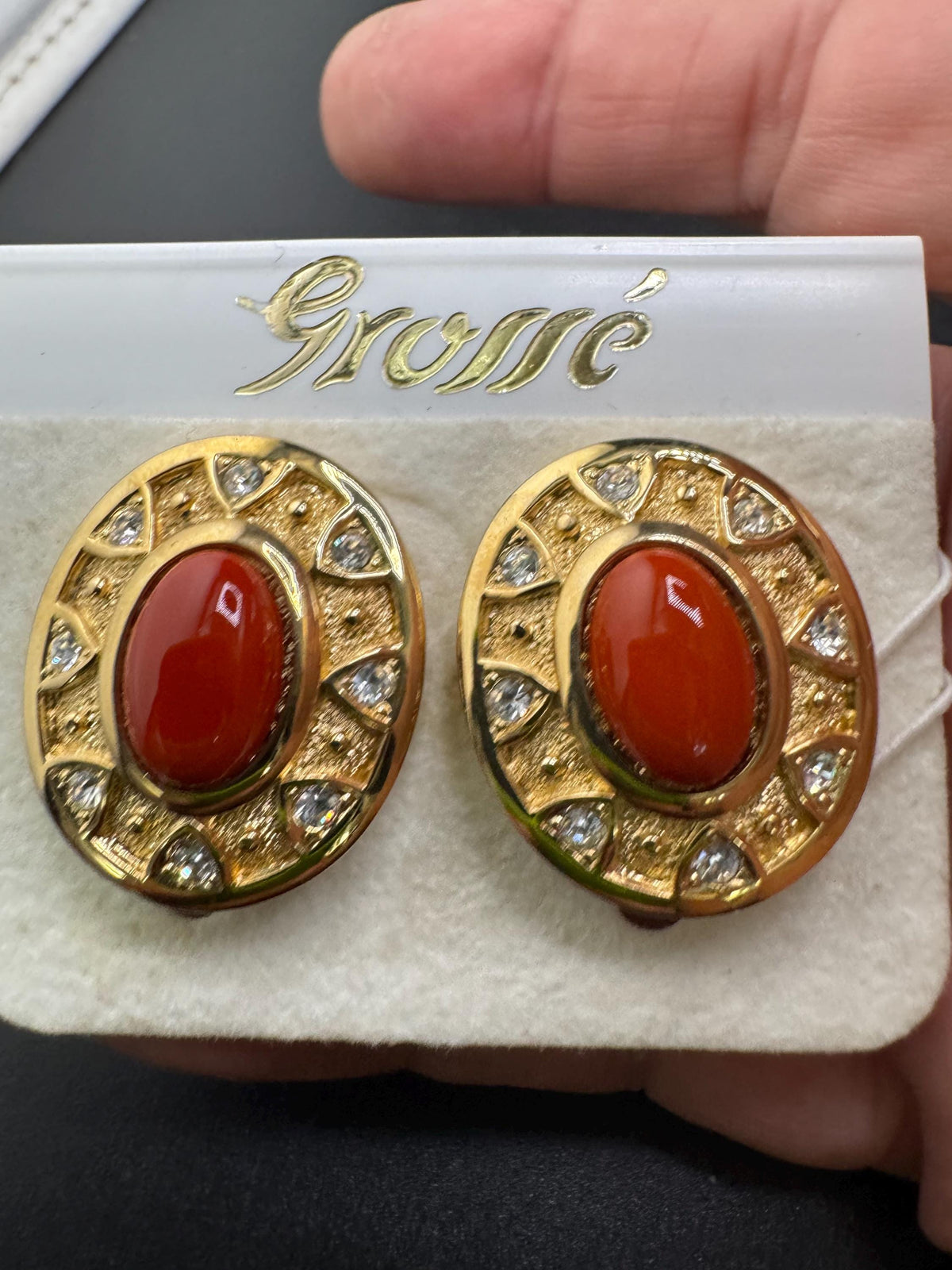 Vintage Grosse Earrings, Terracotta Cabochon, Clip On Gold Finish