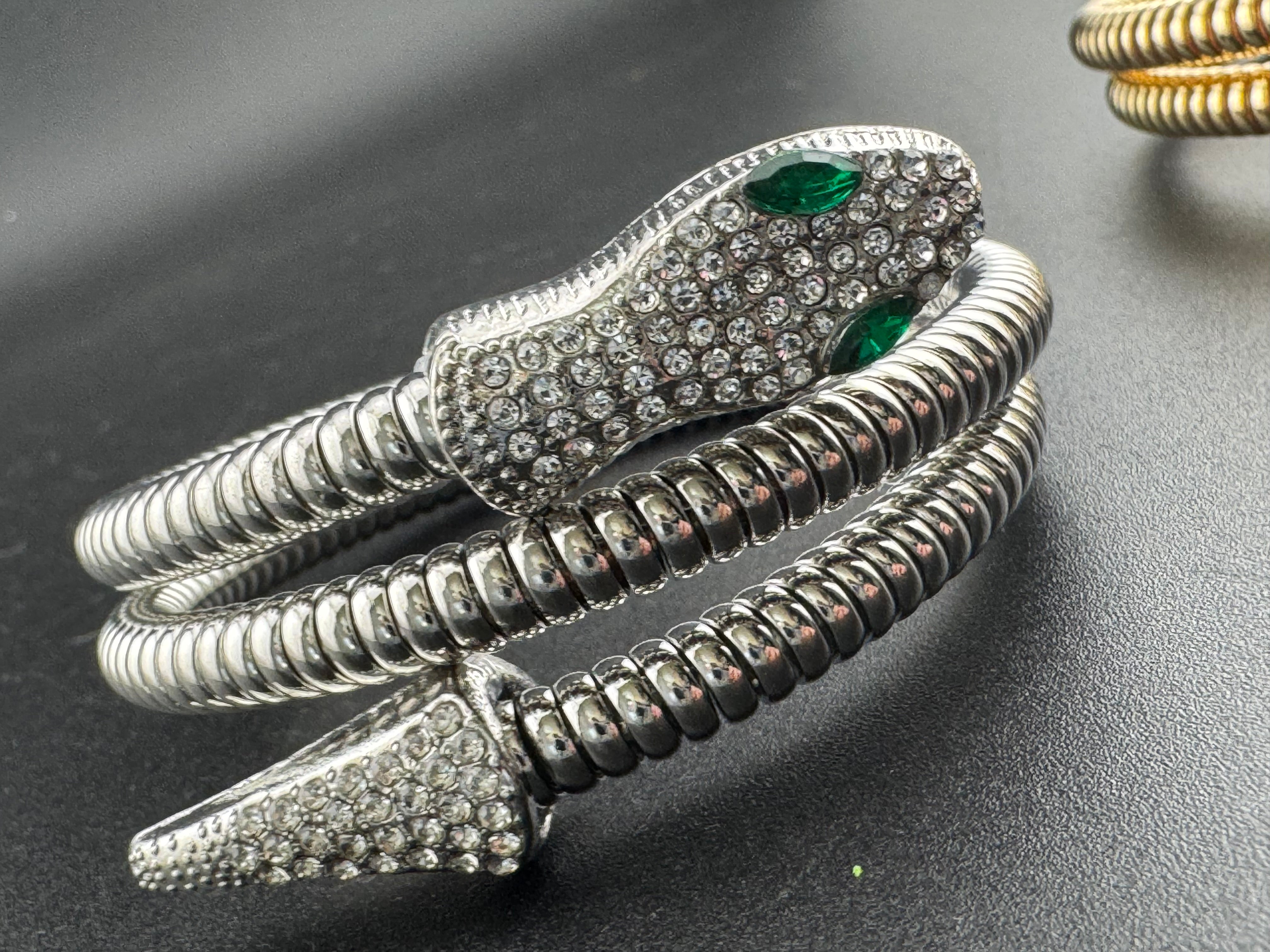 Silver crystal bendy wrap around snake bracelet with emerald eyes